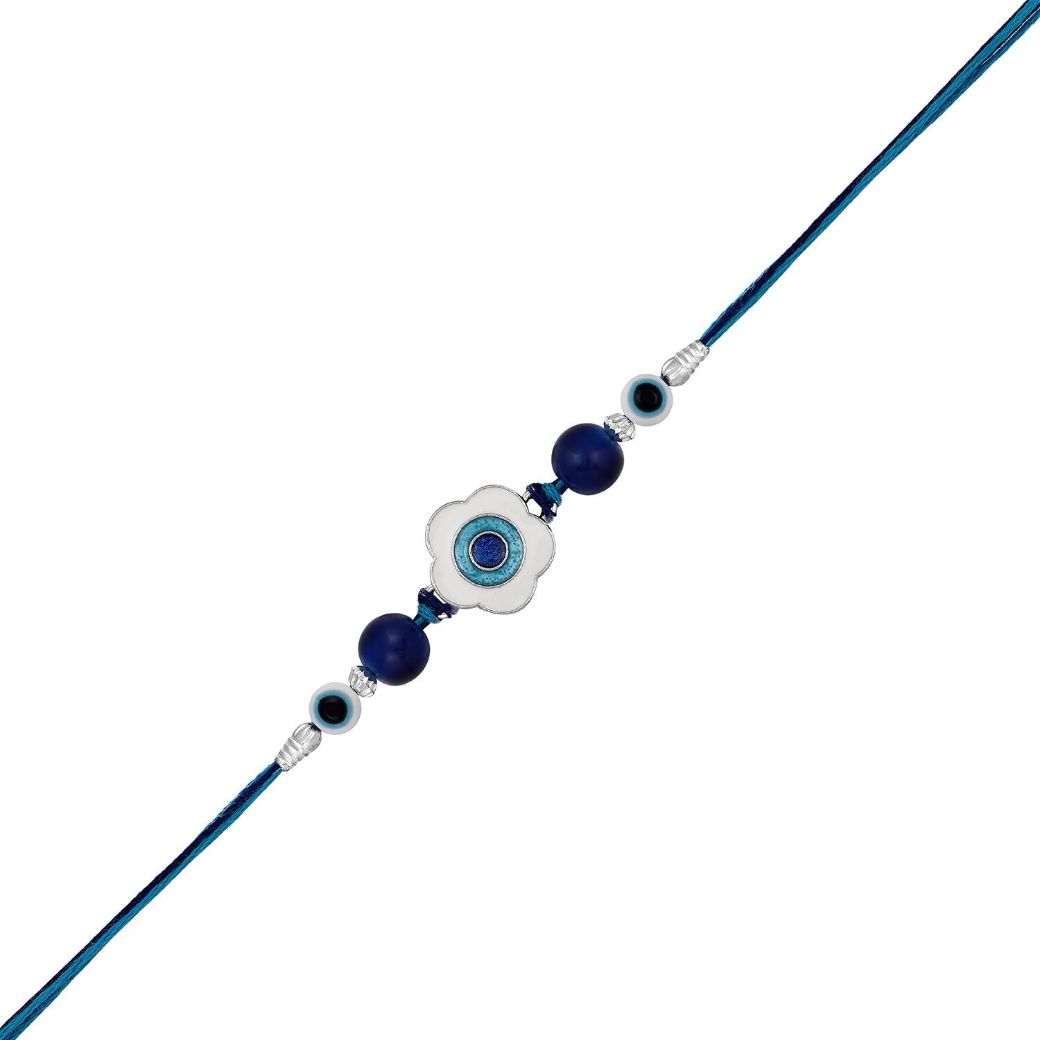 Mahi Rhodium Plated Blue And White Meenakari Work Floral Evil Eye Rakhi For Brother (Ra1100730R)