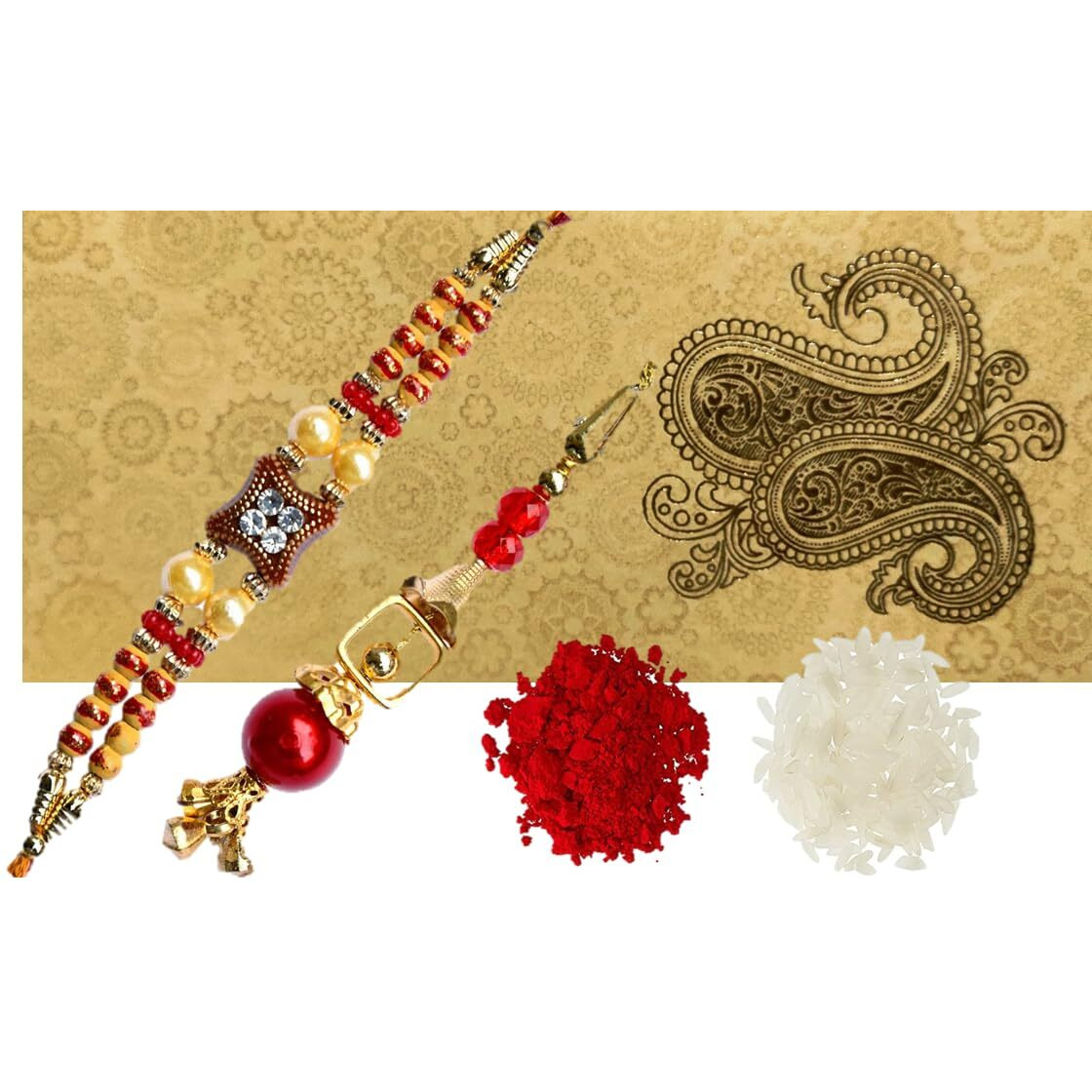 Purpledip Bhai Dooj Rakhi Hamper Bhai Bhabhi Rakhi In Shagun Envelop With Auspicious Roli Chawal Tika (Rakhi35R)