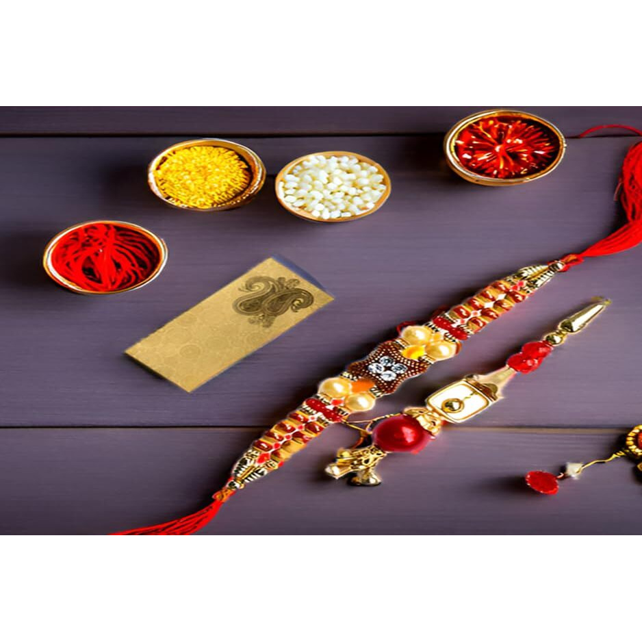 Purpledip Bhai Dooj Rakhi Hamper Bhai Bhabhi Rakhi In Shagun Envelop With Auspicious Roli Chawal Tika (Rakhi35R)