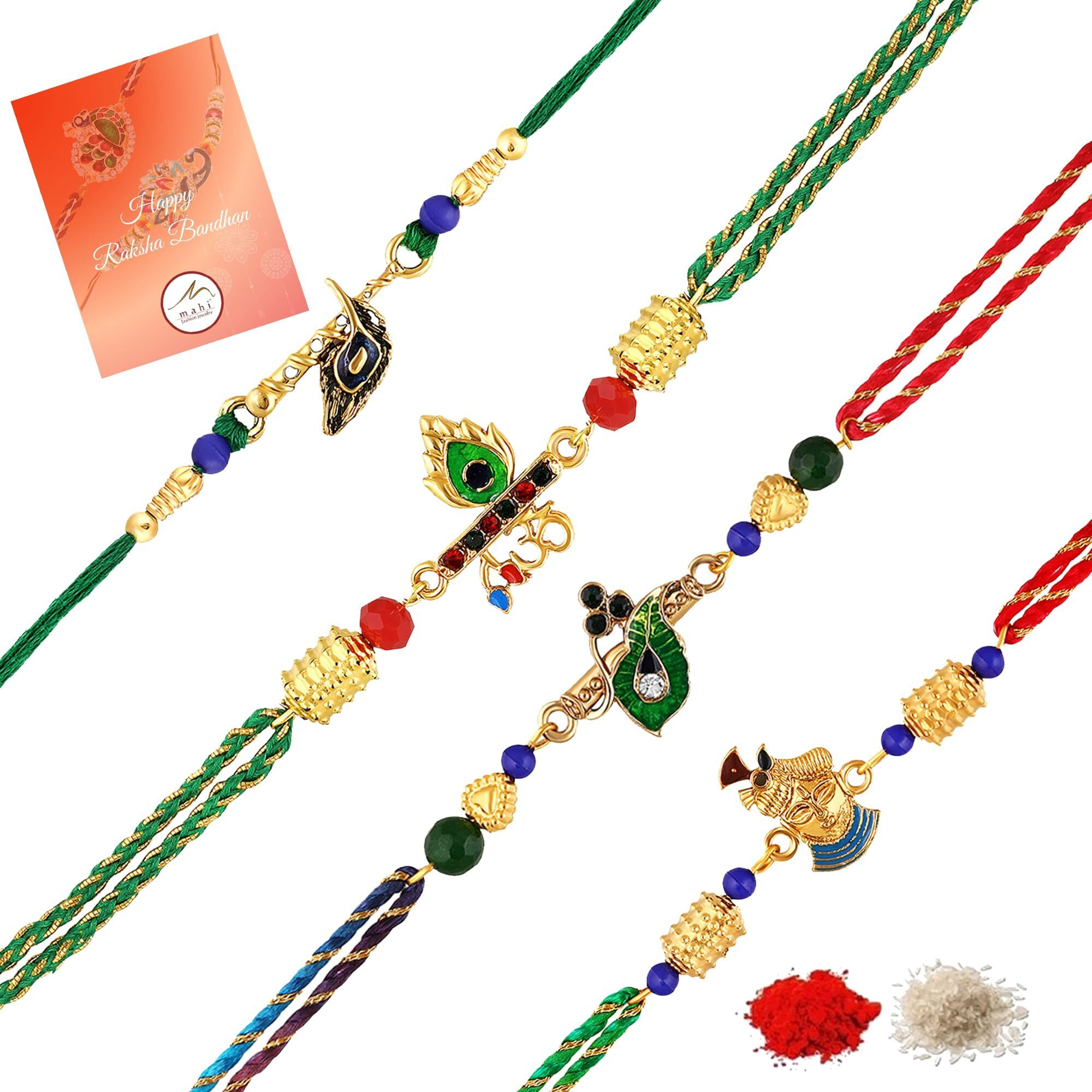 Mahi Set Of 4 Multicolored Religious Rakhis Carrying Krishna Playing Flute, Peacock-Feather-Shaped, Krishna Flute For Bhaiya, Brother, Bhai, Bro (Rco1105691G)