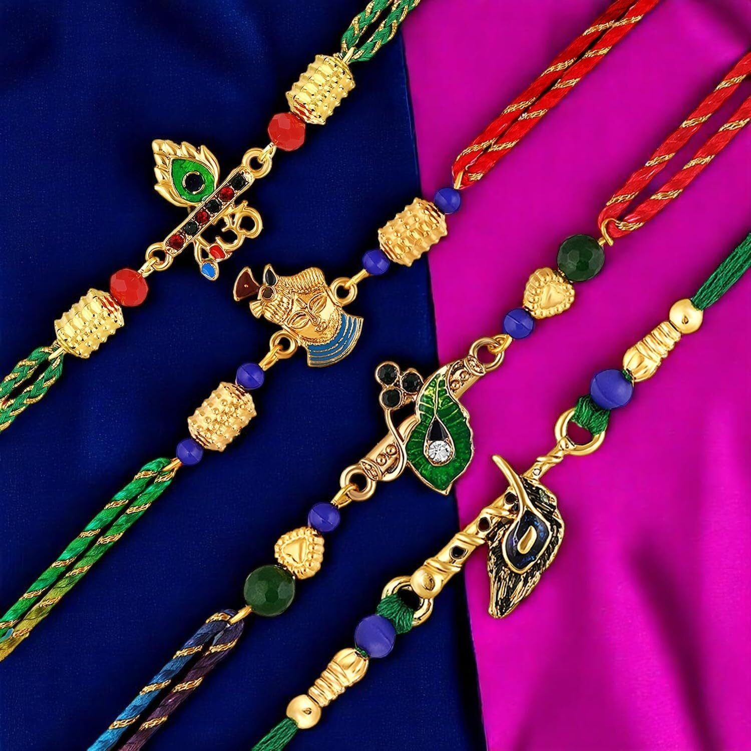 Mahi Set Of 4 Multicolored Religious Rakhis Carrying Krishna Playing Flute, Peacock-Feather-Shaped, Krishna Flute For Bhaiya, Brother, Bhai, Bro (Rco1105691G)