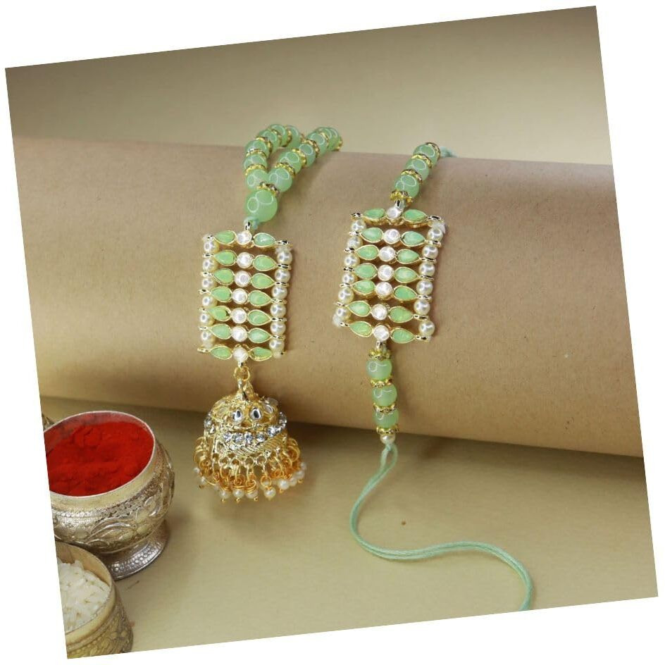 I Jewels Bhaiya Bhabhi Lumba Rakhi Bracelet Combo Set With Roli Chawal & Rakshabandhan Card