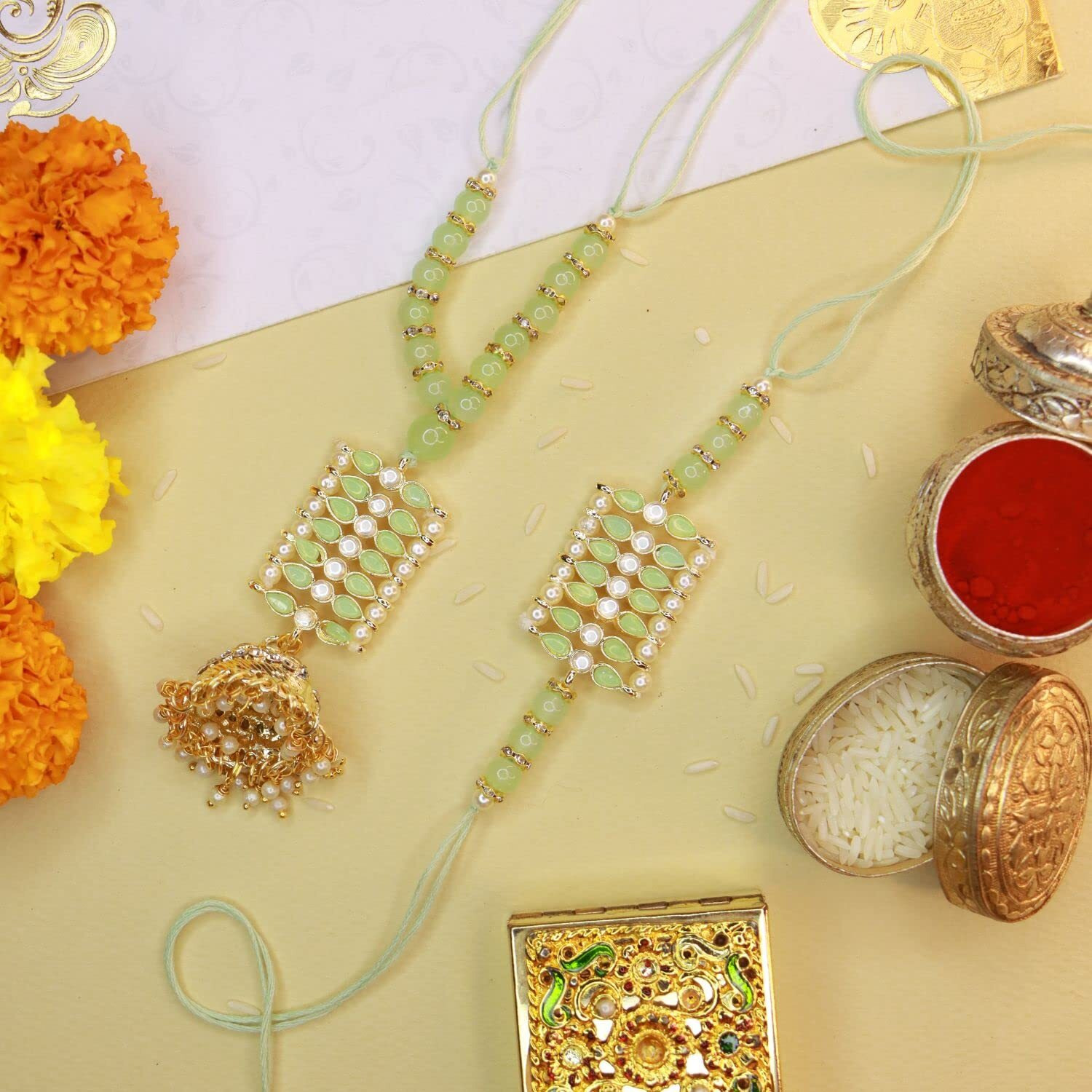 I Jewels Bhaiya Bhabhi Lumba Rakhi Bracelet Combo Set With Roli Chawal & Rakshabandhan Card