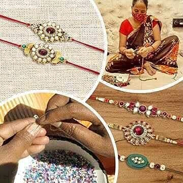 I Jewels Mens Ethnic Metal Bro Rakhi With Roli Chawal & Rakshabandhan Card For Brother/Bro/Bhai (R059-R) (Pack Of 1 Rakhi)