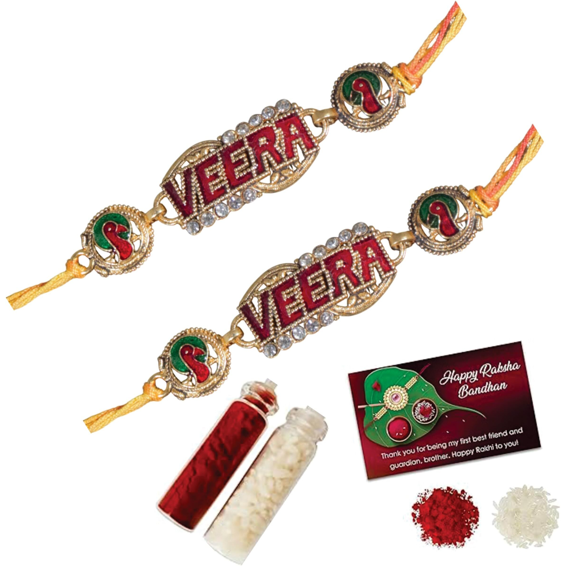 Kartik,Veera Rakhi For Bhaiya & Bhabhi Set Of 2 Piece With Roli Chawal Bottles & Greeting Card Rakhi