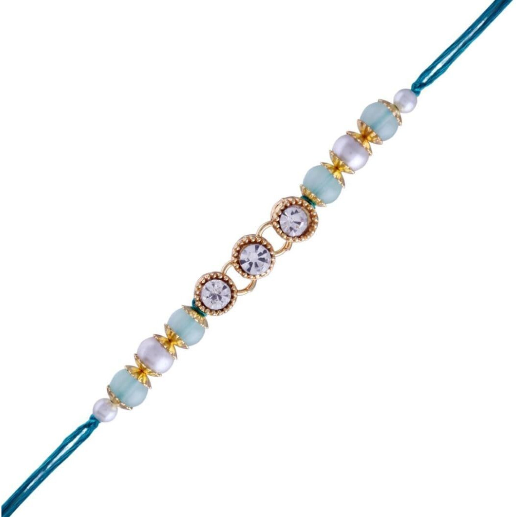 I Jewels Mens Ethnic Pearl Beads Studded Rakhi With Roli Chawal & Rakshabandhan Card For Brother/Bro/Bhai (R085Min)