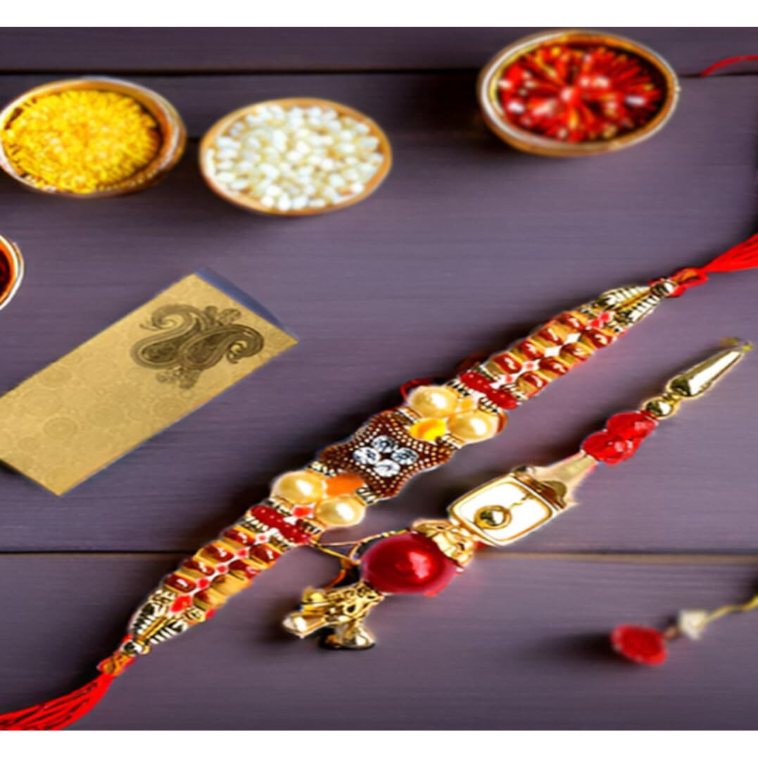 Purpledip Rakhi Set For Brother & Bhabhi In Designer Shagun Envelop With Roli Chawal Tika (Rakhi38R)