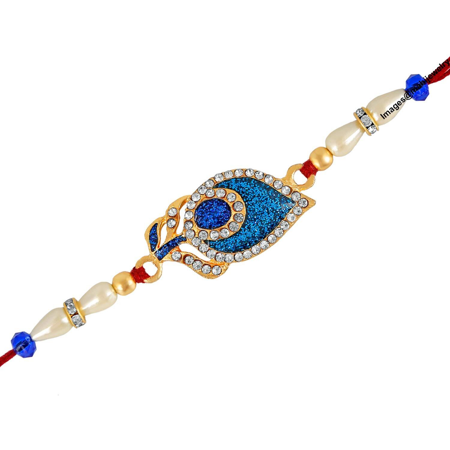 Mahi Royal Blue Peacock Feather Rakhi Bracelet With Crystal And Pearl For Adorable Brother (Ra1100625Gc)