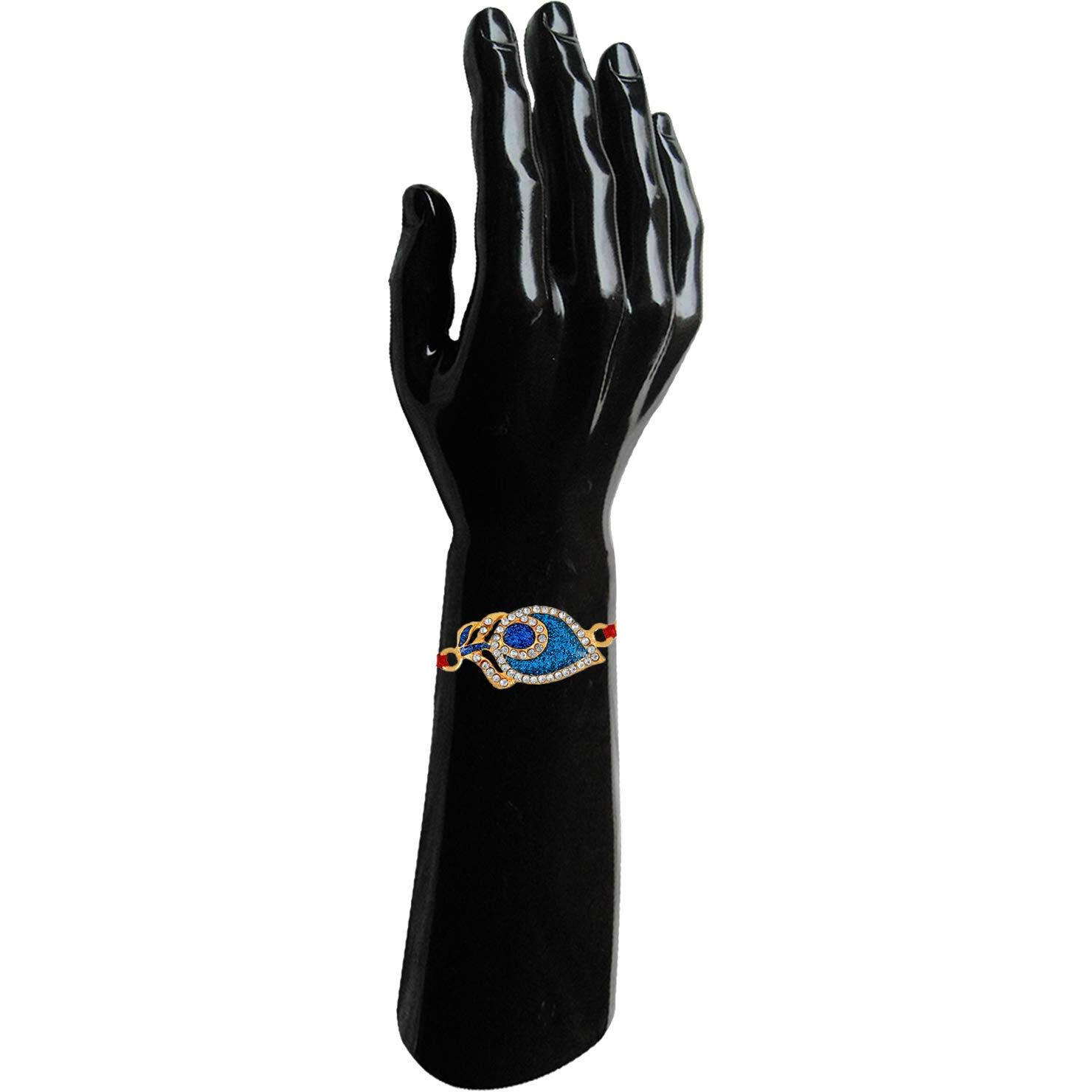 Mahi Royal Blue Peacock Feather Rakhi Bracelet With Crystal And Pearl For Adorable Brother (Ra1100625Gc)