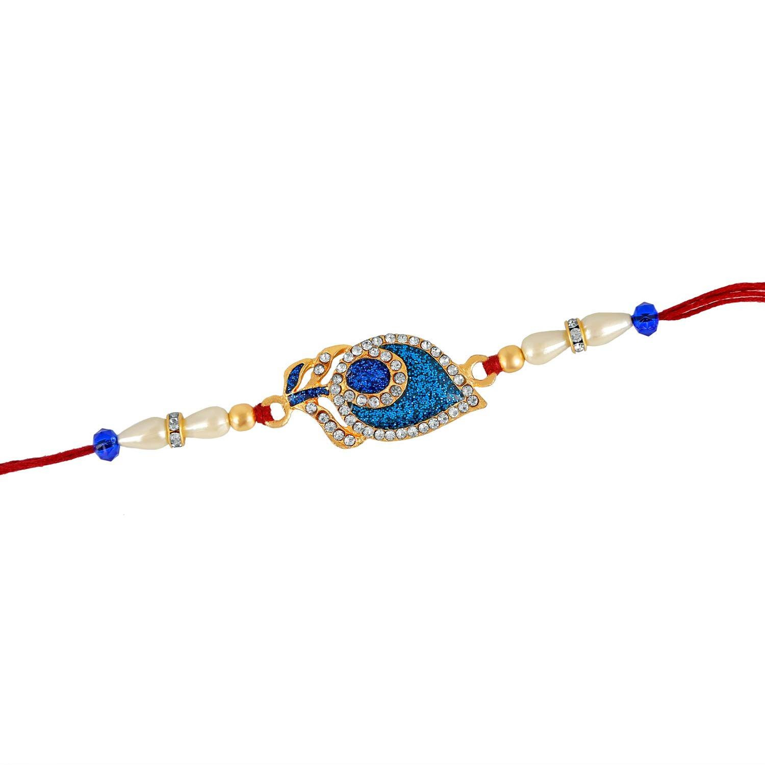 Mahi Royal Blue Peacock Feather Rakhi Bracelet With Crystal And Pearl For Adorable Brother (Ra1100625Gc)