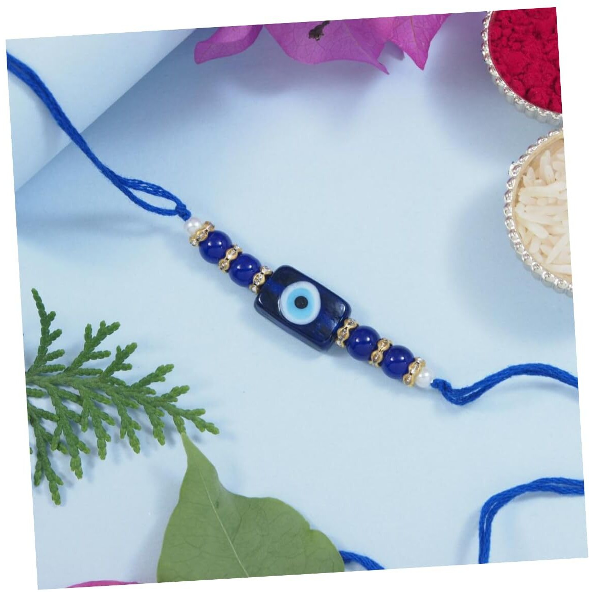 I Jewels Mens Ethnic Designer- Evil Eye Pearl Beads Rakhi With Roli Chawal & Rakshabandhan Card For Brother/Bro/Bhai (R077Bi)