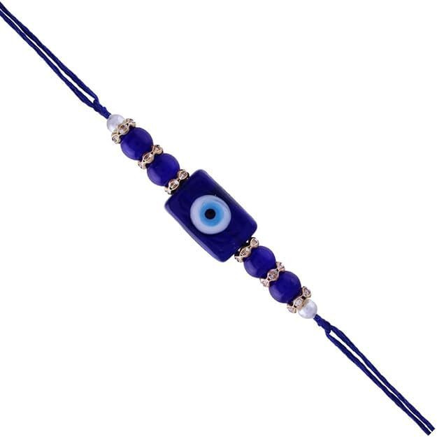 I Jewels Mens Ethnic Designer- Evil Eye Pearl Beads Rakhi With Roli Chawal & Rakshabandhan Card For Brother/Bro/Bhai (R077Bi)