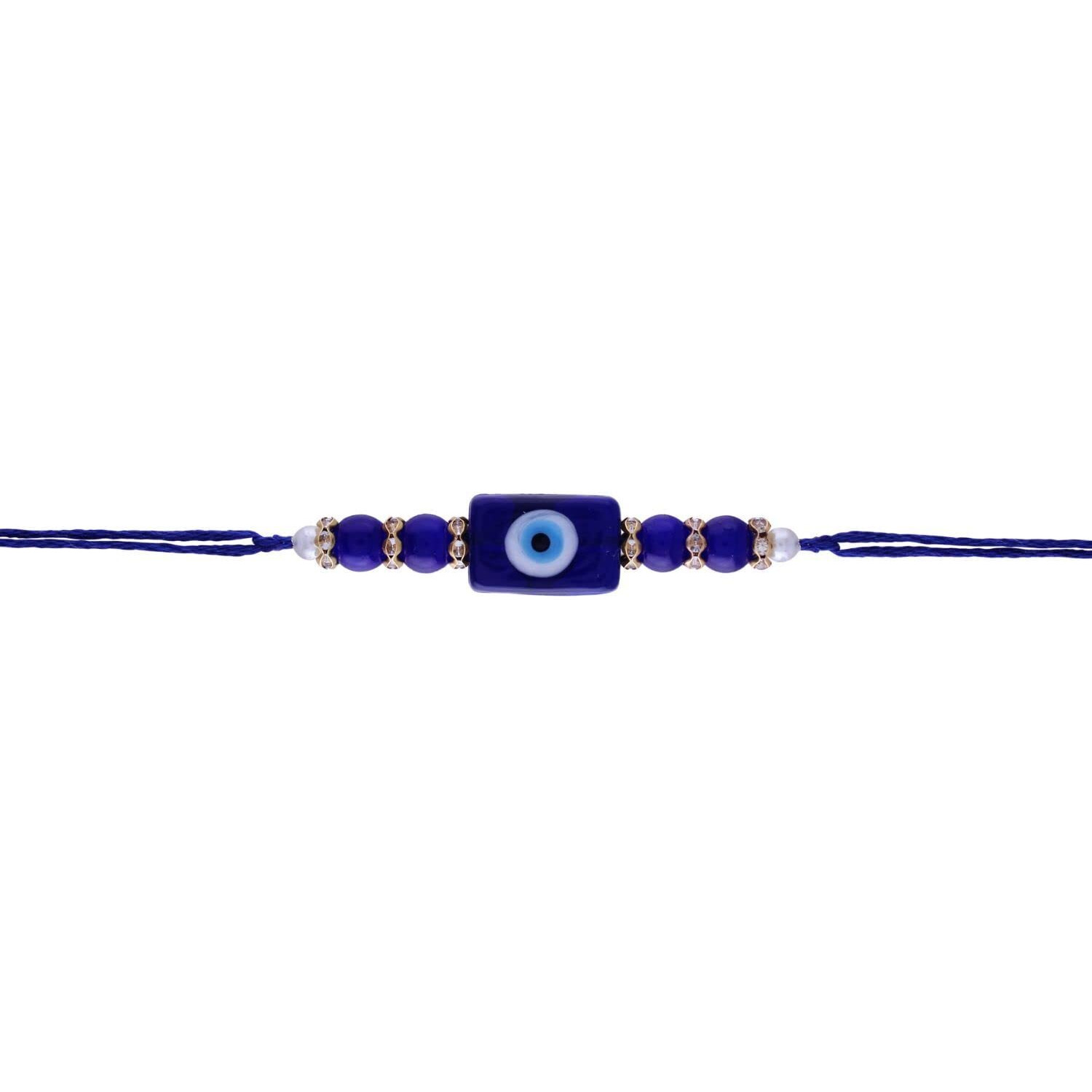 I Jewels Mens Ethnic Designer- Evil Eye Pearl Beads Rakhi With Roli Chawal & Rakshabandhan Card For Brother/Bro/Bhai (R077Bi)