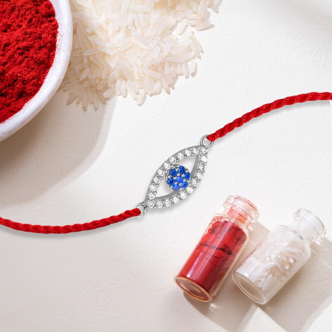 Zavya 925 Sterling Silver Evil Eye Cubic Zirconia Rhodium Plating Silver Rakhi | Rakhi For Brother- Rakshabandhan | Gift For Men & Boys |1 Year Plating Warranty | Gift For Brother