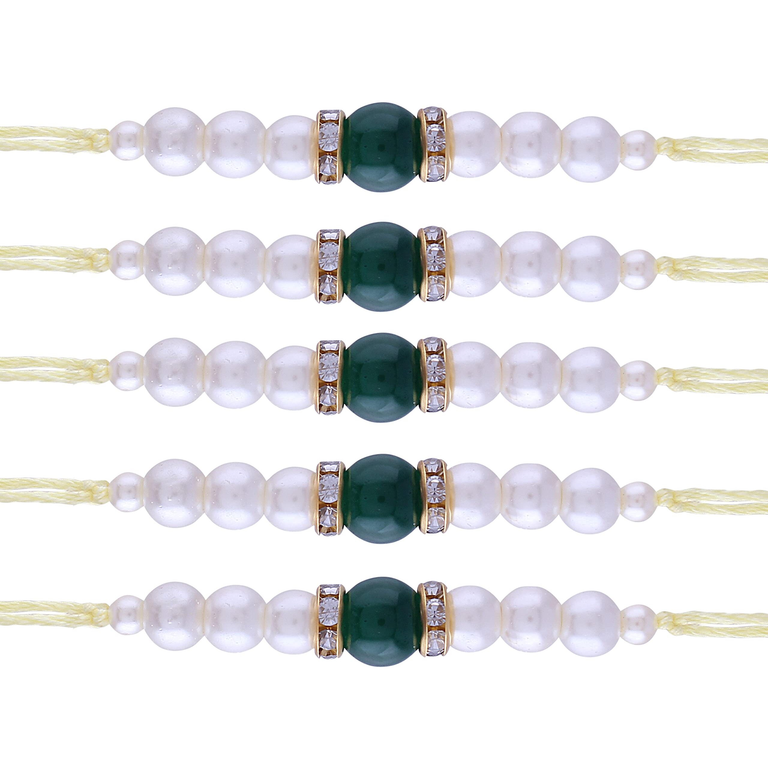 I Jewels Rakshabandhan Special Pearl Rakhi With Roli Chawal & Rakshabandhan Card For Brother/Bro/Bhai (R086G-5) (Pack Of 5)