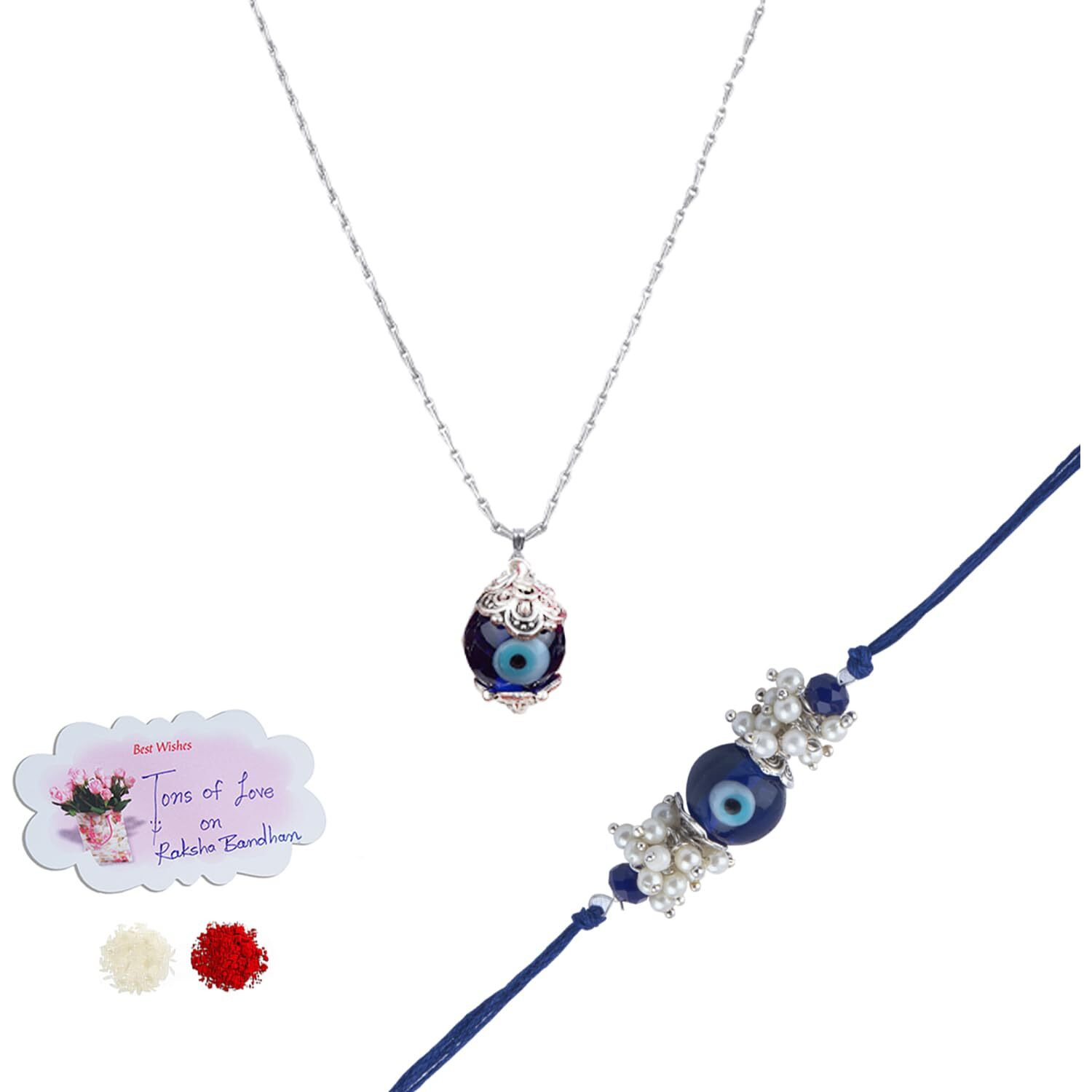 Jfl Unisex Adult-Jewellery For Less Handmade Rakhi Combo Couple Pair Evil Eye And Evil Eye Unisex Pendant Set Silver Plated For Bhaiya Bhabhi With Roli Chawal And Written Greeting Note