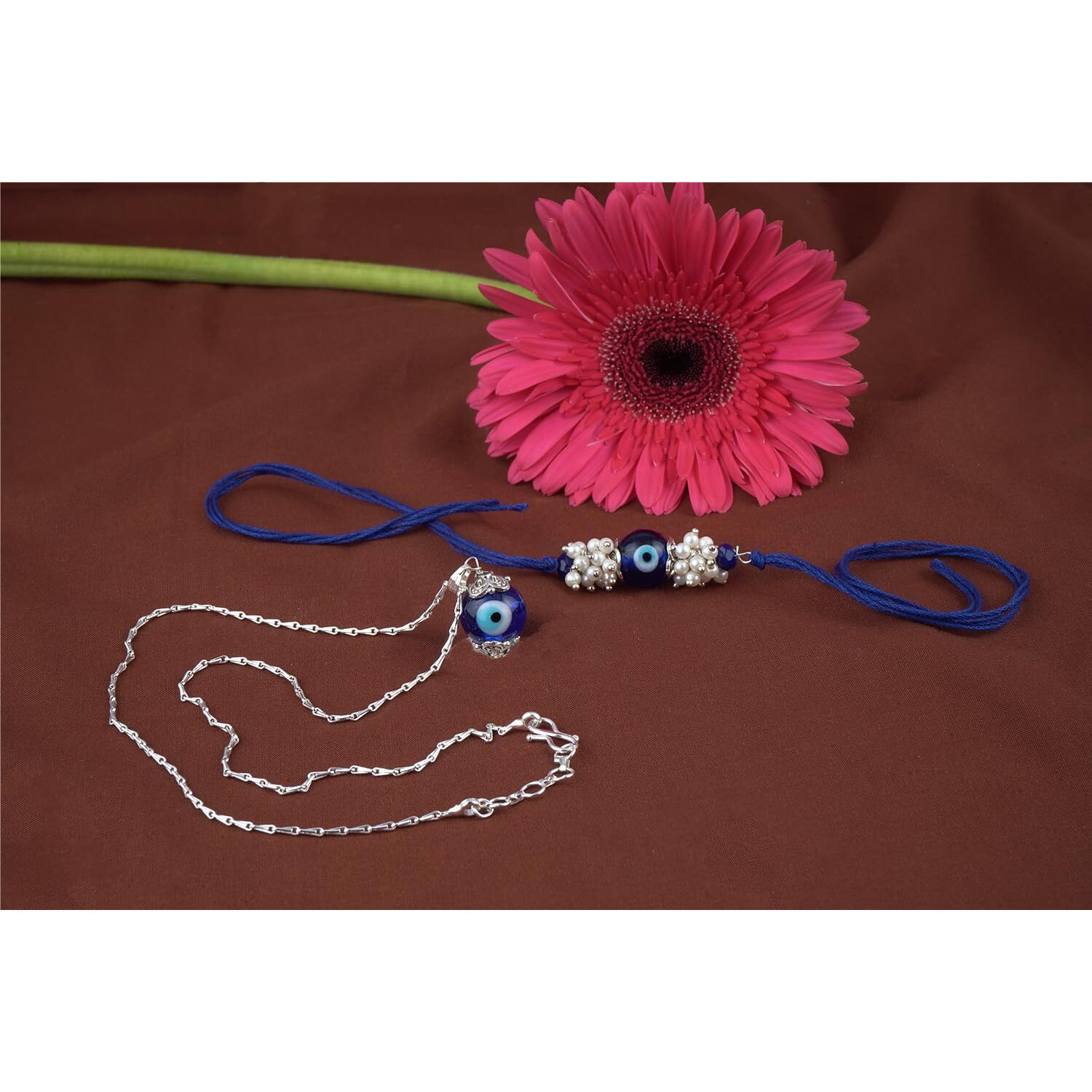 Jfl Unisex Adult-Jewellery For Less Handmade Rakhi Combo Couple Pair Evil Eye And Evil Eye Unisex Pendant Set Silver Plated For Bhaiya Bhabhi With Roli Chawal And Written Greeting Note