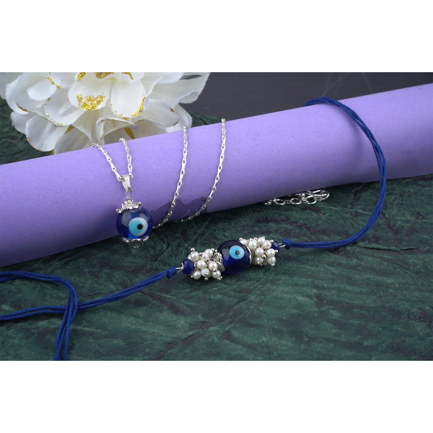 Jfl Unisex Adult-Jewellery For Less Handmade Rakhi Combo Couple Pair Evil Eye And Evil Eye Unisex Pendant Set Silver Plated For Bhaiya Bhabhi With Roli Chawal And Written Greeting Note