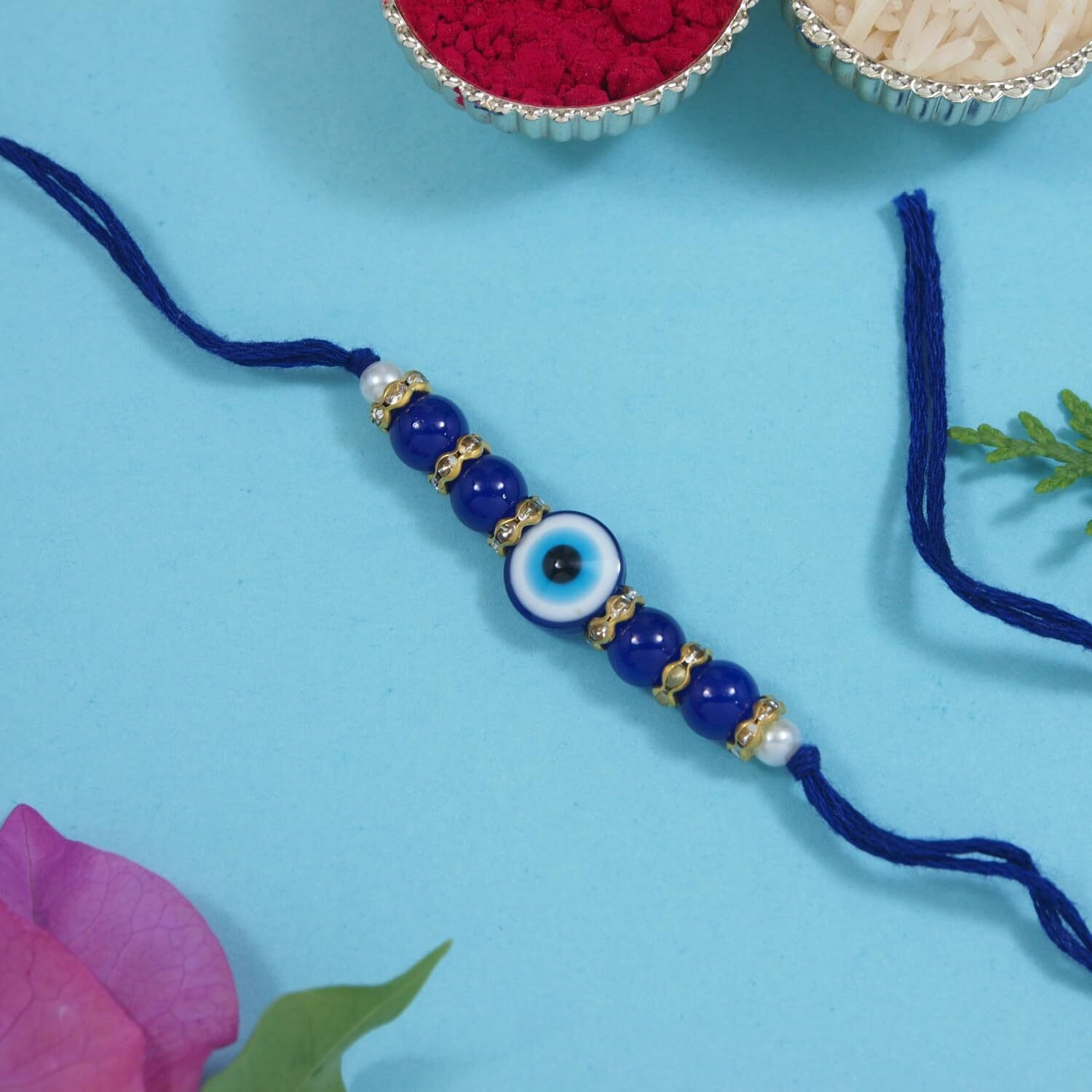 I Jewels Mens Rakshabandhan Special Evil Eye Pearl Rakhi With Roli Chawal & Rakshabandhan Card For Brother/Bro/Bhai (R073Bl)