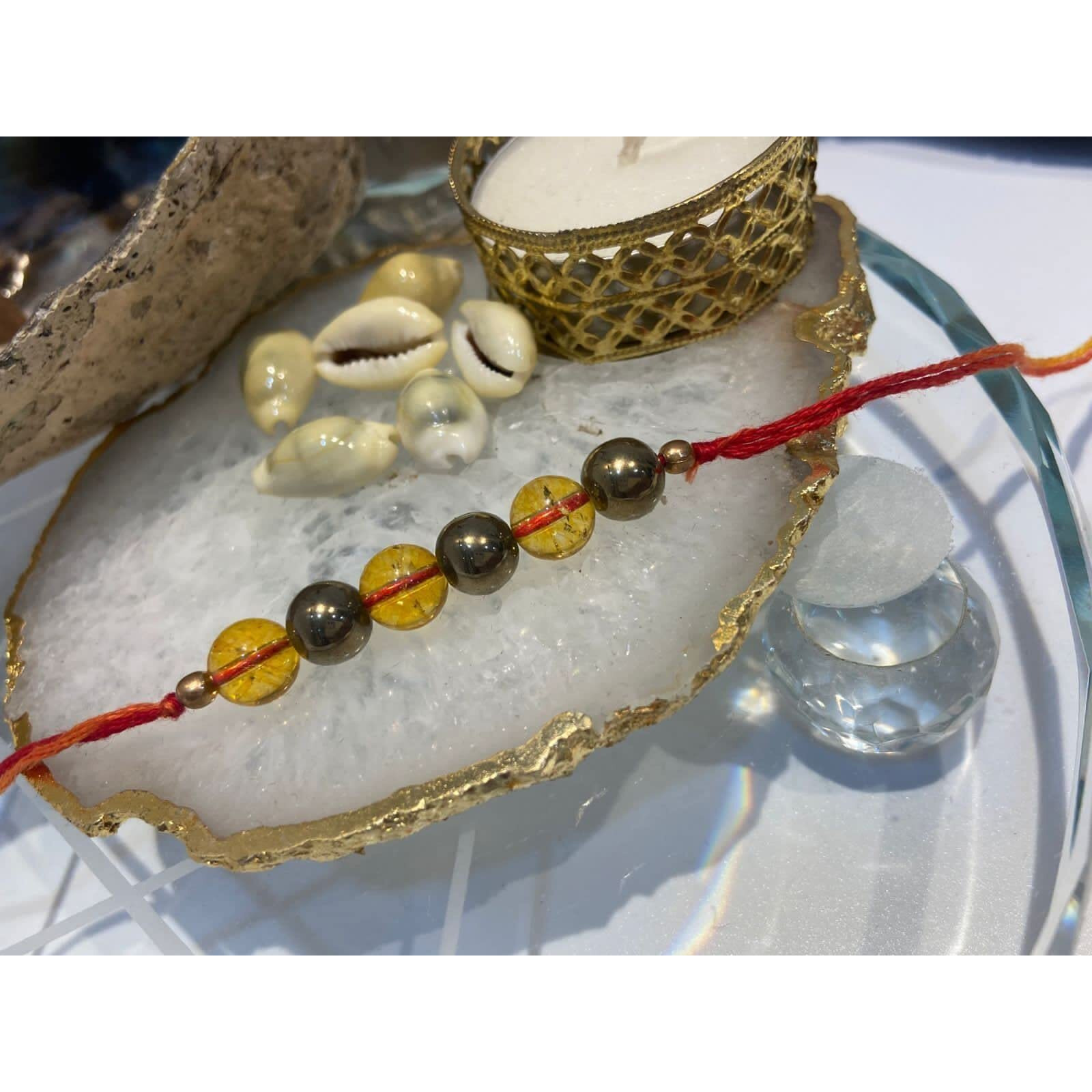 Golden Quartz - The Crystal Hub - Citrine + Pyrite Crystal Rakhi For Brother With Natural Gemstones