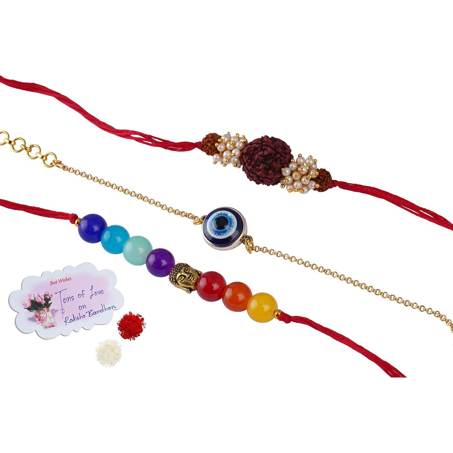 Jfl Mens - Jewellery For Less Combo Of 3 Fashion 7 Chakra, Evil Eye & Rudraksha Rakhi For Rakshabandhan Festival Brother Rakhi Handcrafted With Roli Chawal And Hand Written Card