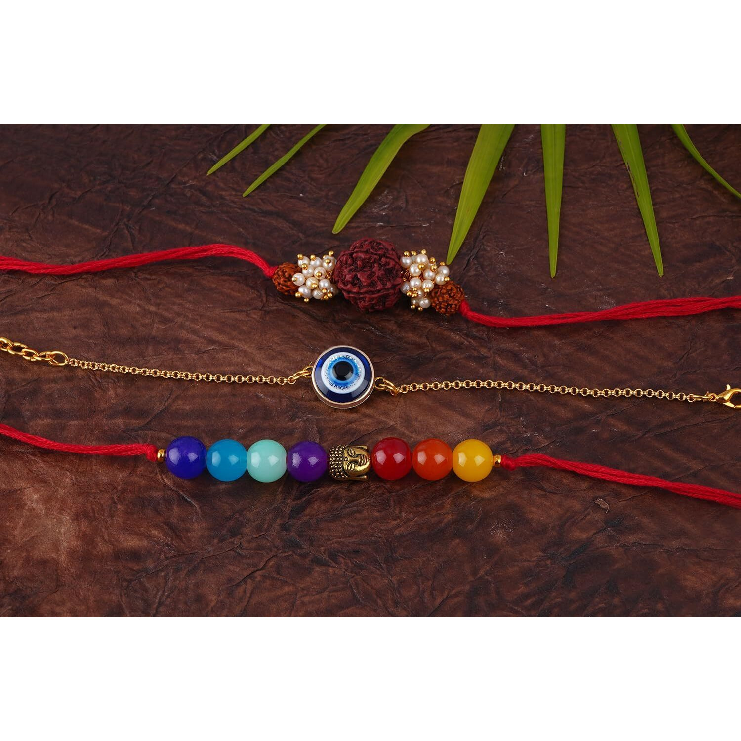 Jfl Mens - Jewellery For Less Combo Of 3 Fashion 7 Chakra, Evil Eye & Rudraksha Rakhi For Rakshabandhan Festival Brother Rakhi Handcrafted With Roli Chawal And Hand Written Card