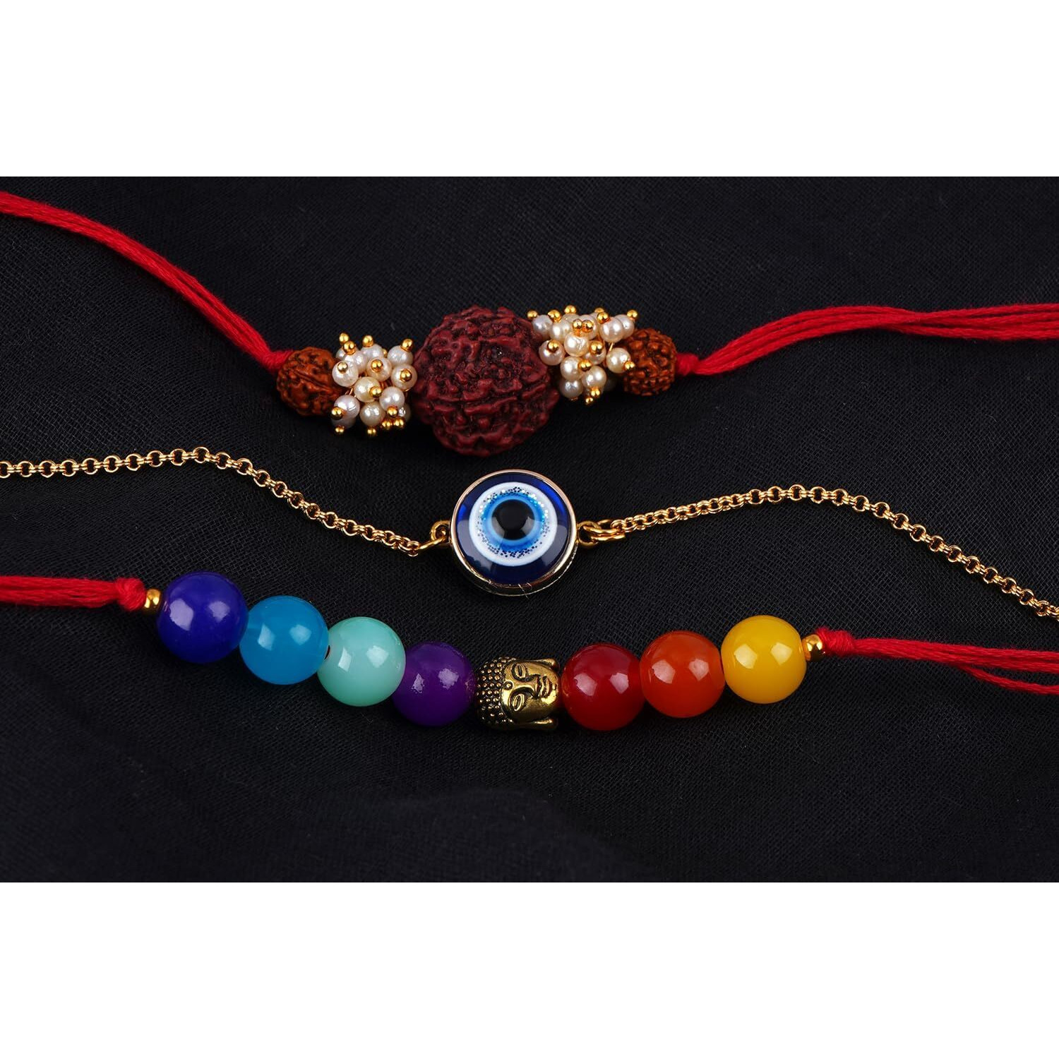 Jfl Mens - Jewellery For Less Combo Of 3 Fashion 7 Chakra, Evil Eye & Rudraksha Rakhi For Rakshabandhan Festival Brother Rakhi Handcrafted With Roli Chawal And Hand Written Card