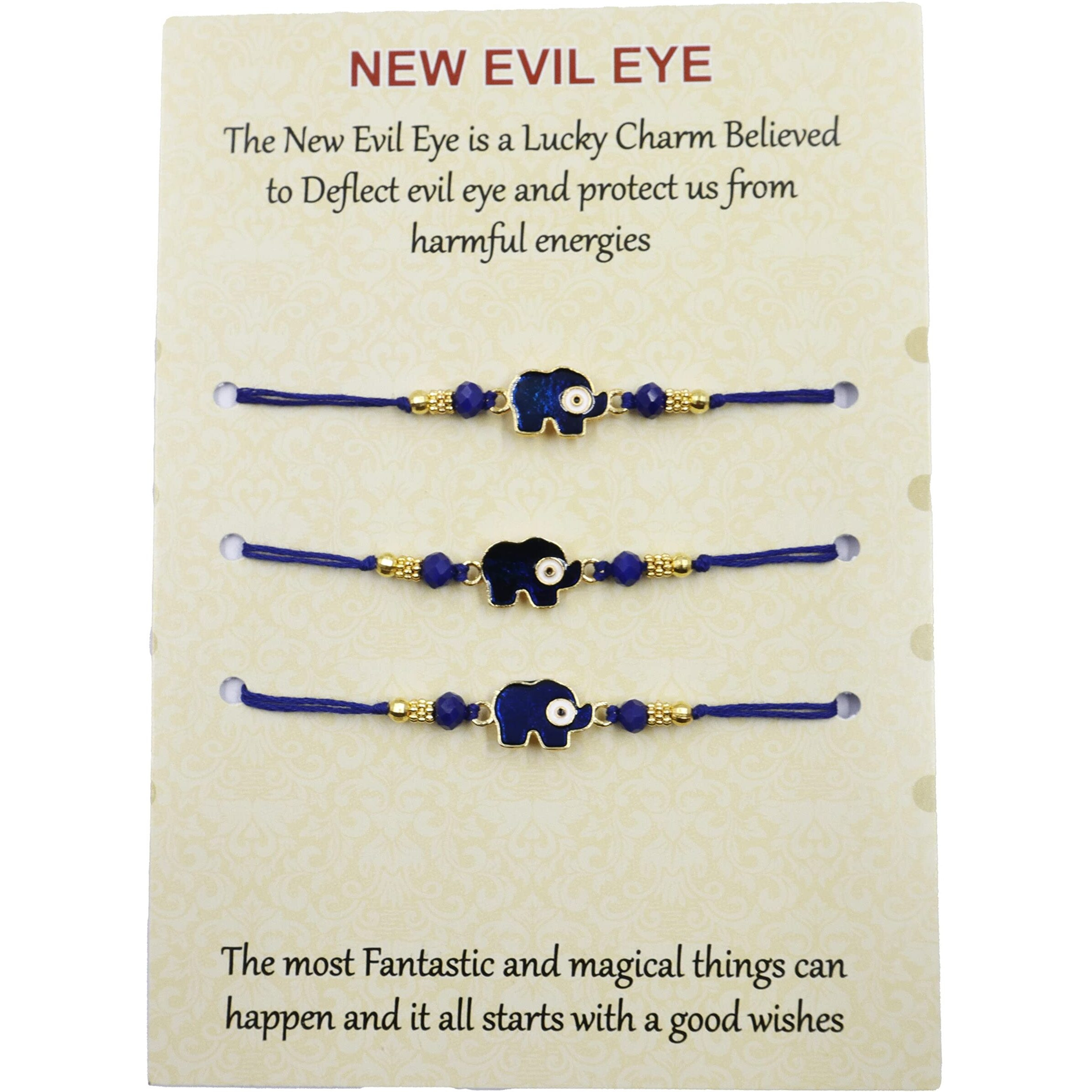 Alaukik Evil Eye Rakhi Protect From Negative Energy Set Of 3 Unisex Evil Eye Rakhi With Beads Handmade Rakhi With Roli Chawal For Bro/Brother (Elephant Evil Eye Rakhi)
