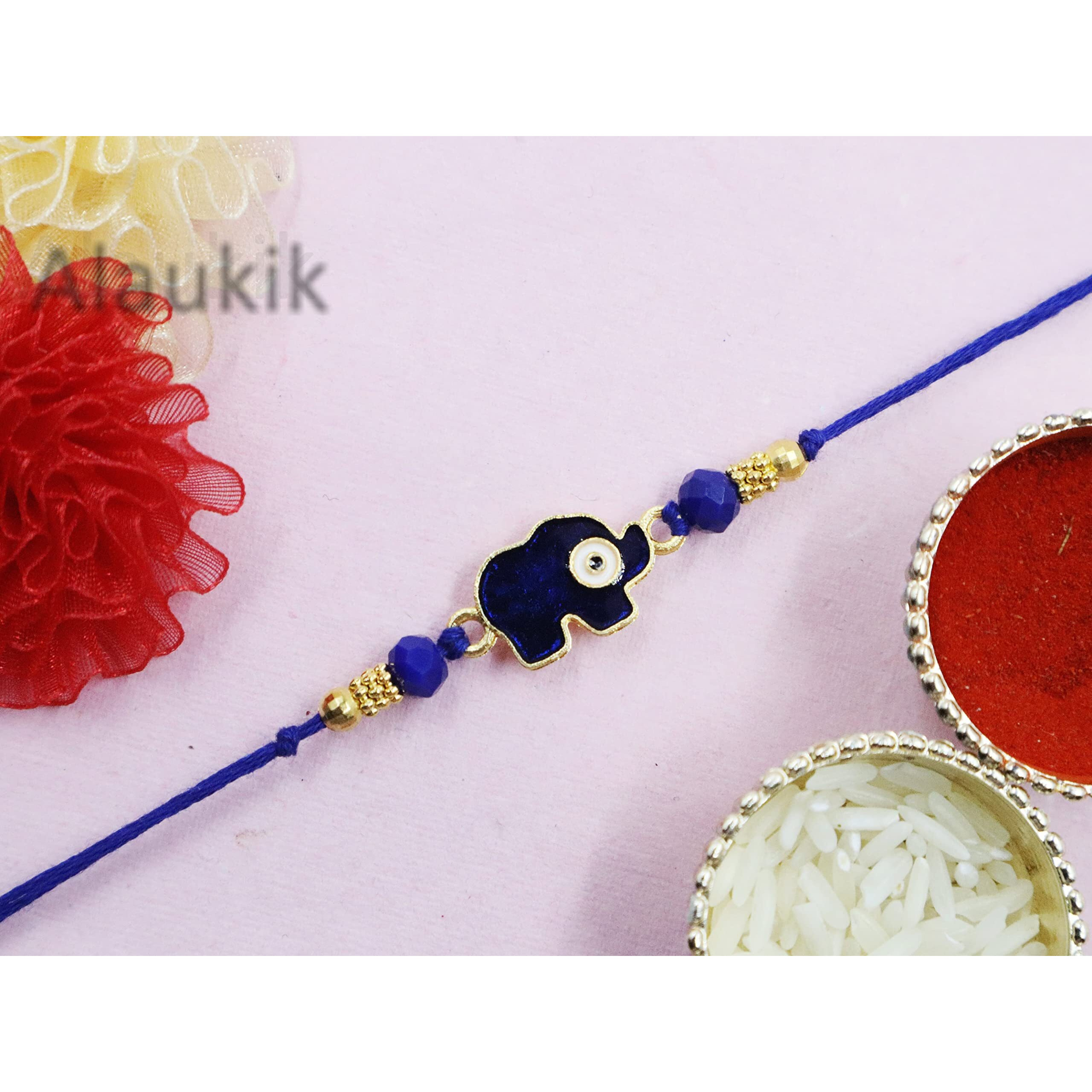 Alaukik Evil Eye Rakhi Protect From Negative Energy Set Of 3 Unisex Evil Eye Rakhi With Beads Handmade Rakhi With Roli Chawal For Bro/Brother (Elephant Evil Eye Rakhi)