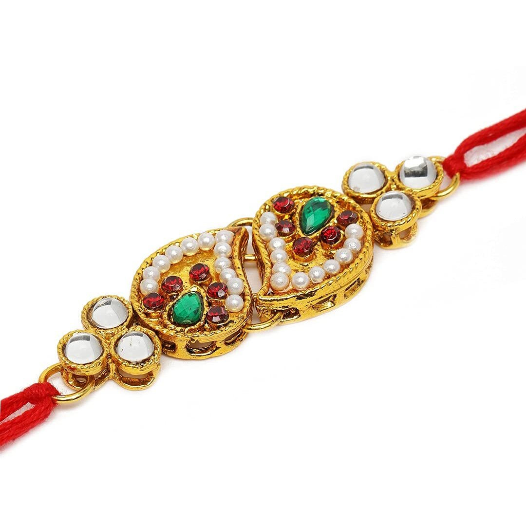 Zaveri Pearls Green & Red Stones Traditional Rakhi-Zpfk10295