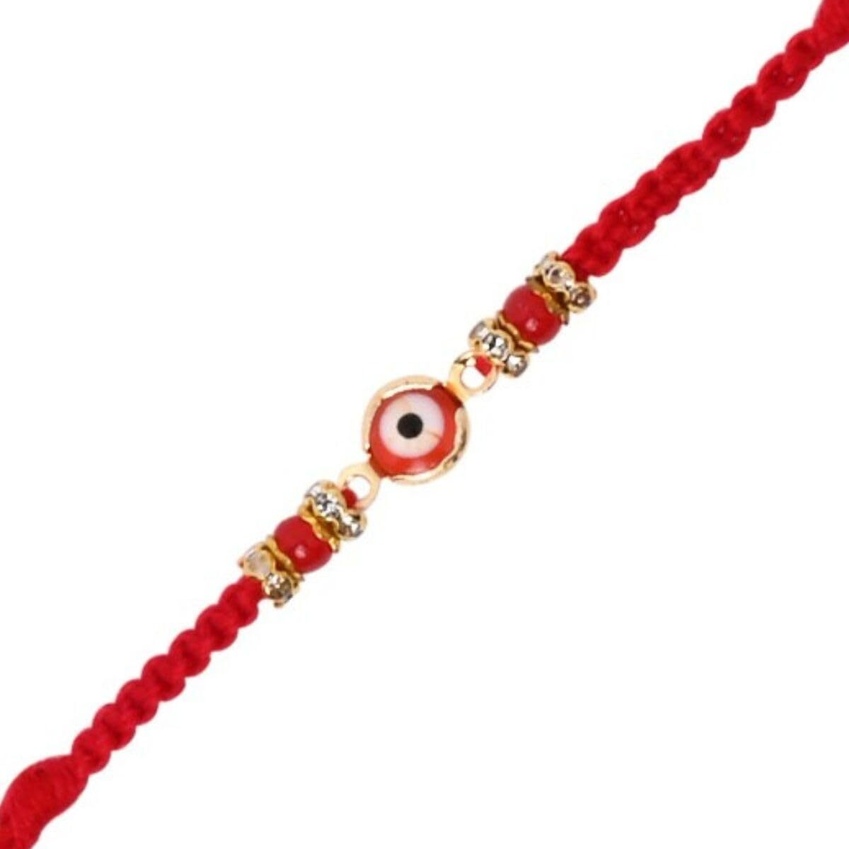 I Jewels Enamel Evil Eye Rakhi With Roli Chawal & Rakshabandhan Card For Bro/Brother/Bhai (R192Red)