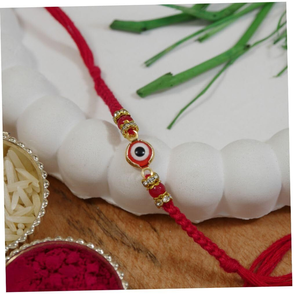 I Jewels Enamel Evil Eye Rakhi With Roli Chawal & Rakshabandhan Card For Bro/Brother/Bhai (R192Red)