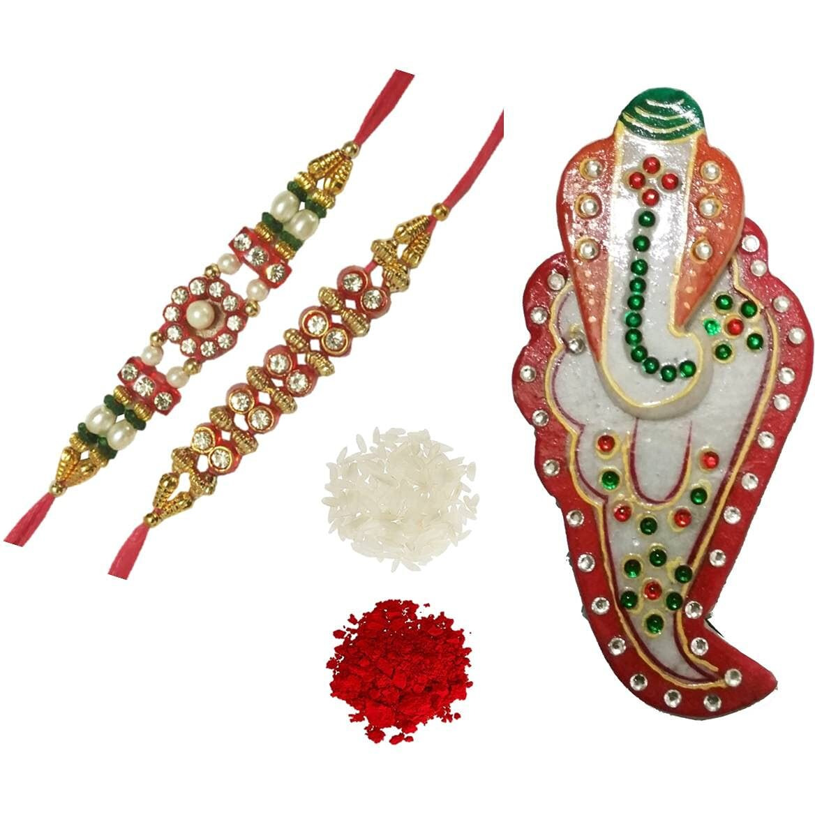 Purpledip Rakhi Gift Hamper For Brother Rangeela Ganesha Marble Chopra, 2 Bhai Rakshabandhan Bracelets, Roli Chawal Tika (Rakhi4F)