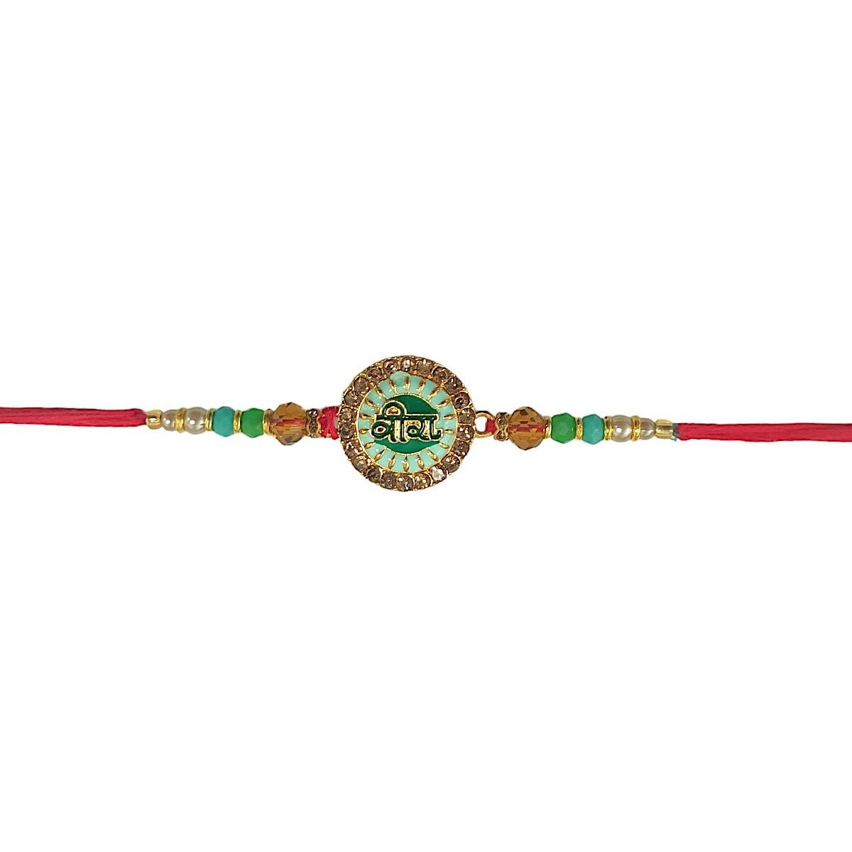 Accessher Unisex Green Meenakari Work Quirky Veera Text Rakhi For Beloved Brother & Gifting With Roli Kumkum Packets & Happy Rakshabandhan Card (Green)