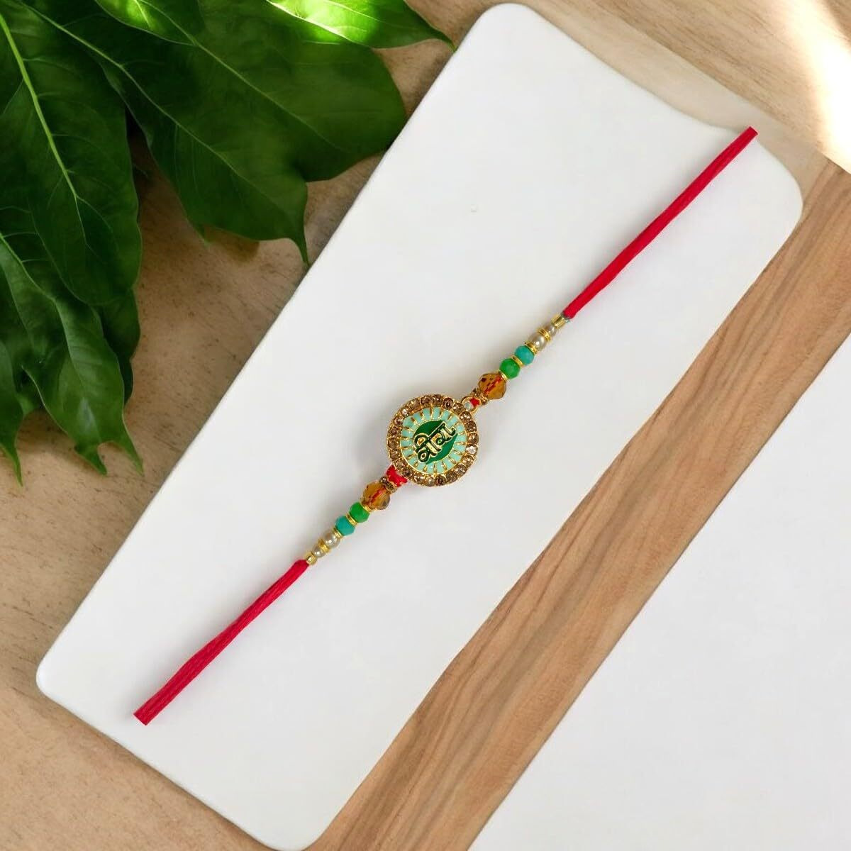 Accessher Unisex Green Meenakari Work Quirky Veera Text Rakhi For Beloved Brother & Gifting With Roli Kumkum Packets & Happy Rakshabandhan Card (Green)