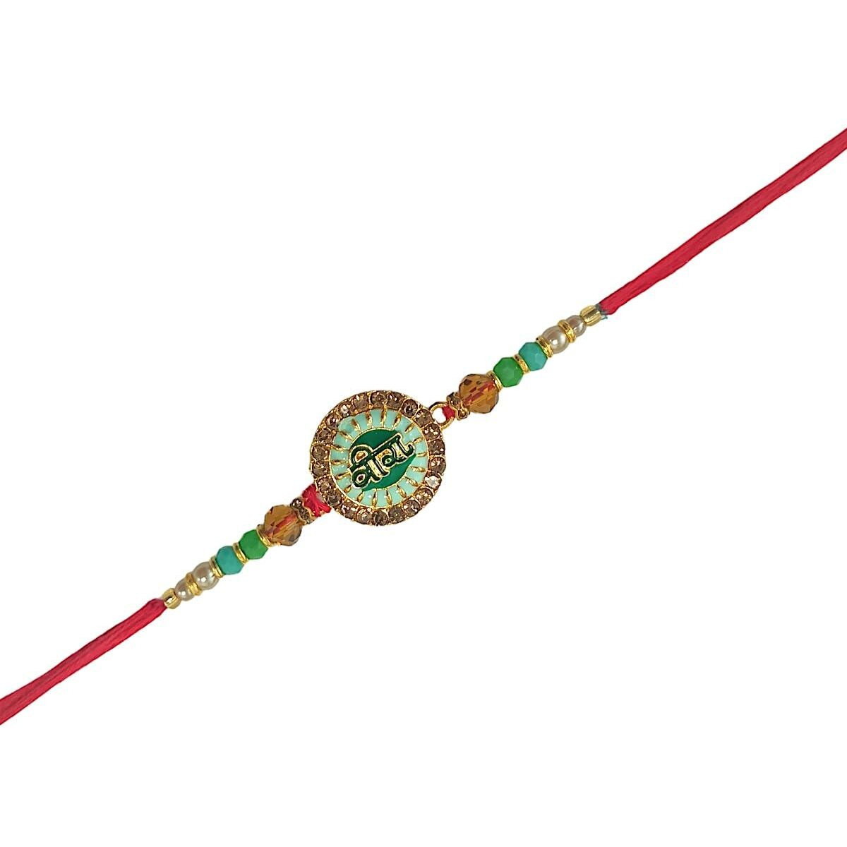 Accessher Unisex Green Meenakari Work Quirky Veera Text Rakhi For Beloved Brother & Gifting With Roli Kumkum Packets & Happy Rakshabandhan Card (Green)
