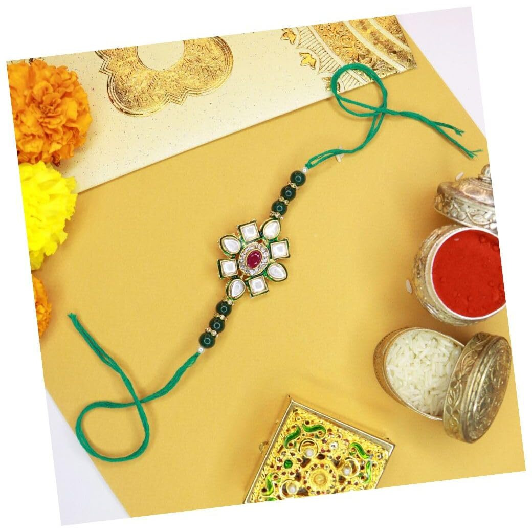 I Jewels Mens Ethnic Pearl Beads Rakhi With Roli Chawal & Rakshabandhan Card For Brother/Bro/Bhai (R080G)