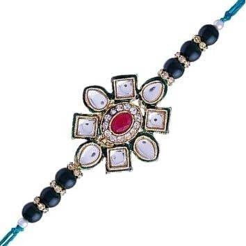 I Jewels Mens Ethnic Pearl Beads Rakhi With Roli Chawal & Rakshabandhan Card For Brother/Bro/Bhai (R080G)