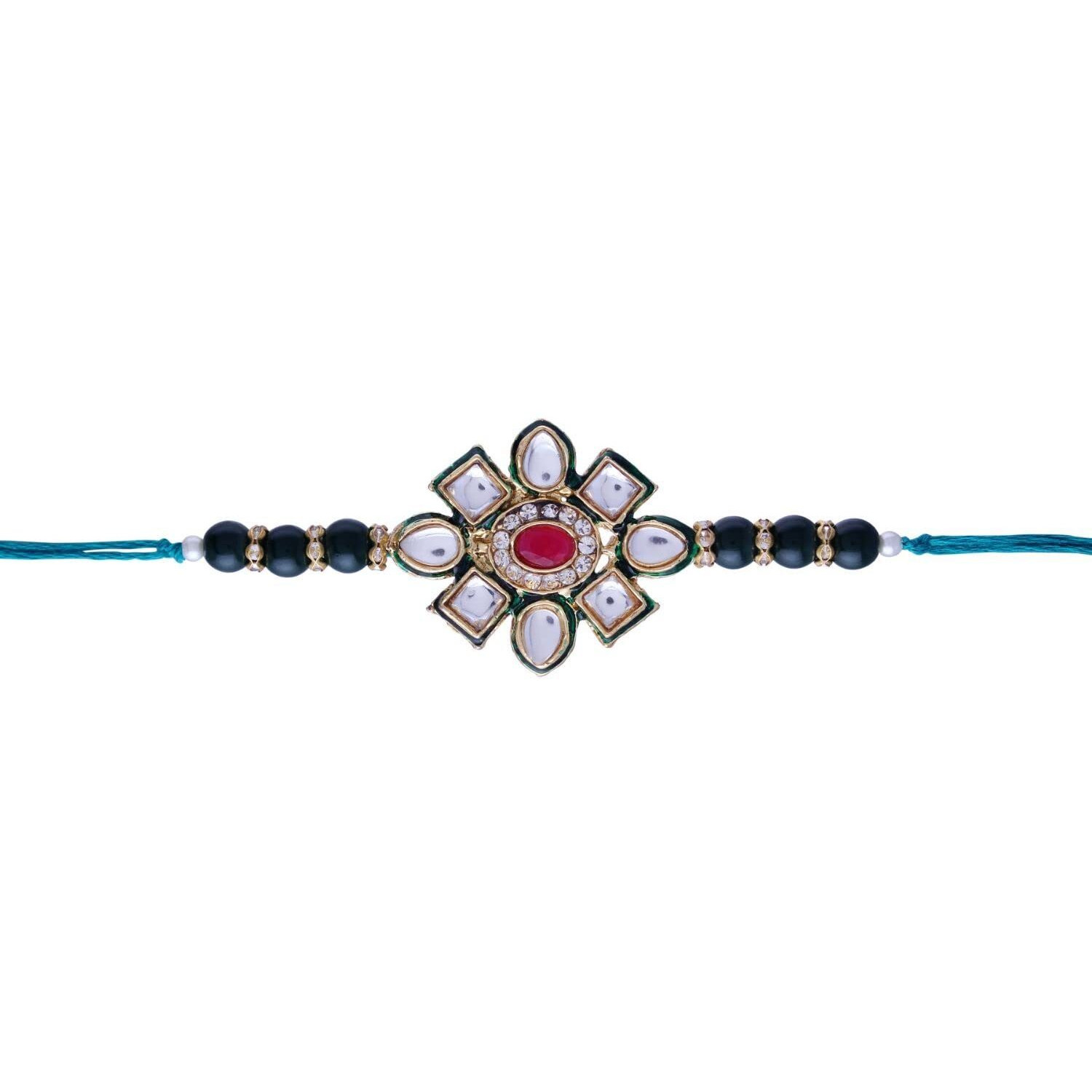 I Jewels Mens Ethnic Pearl Beads Rakhi With Roli Chawal & Rakshabandhan Card For Brother/Bro/Bhai (R080G)