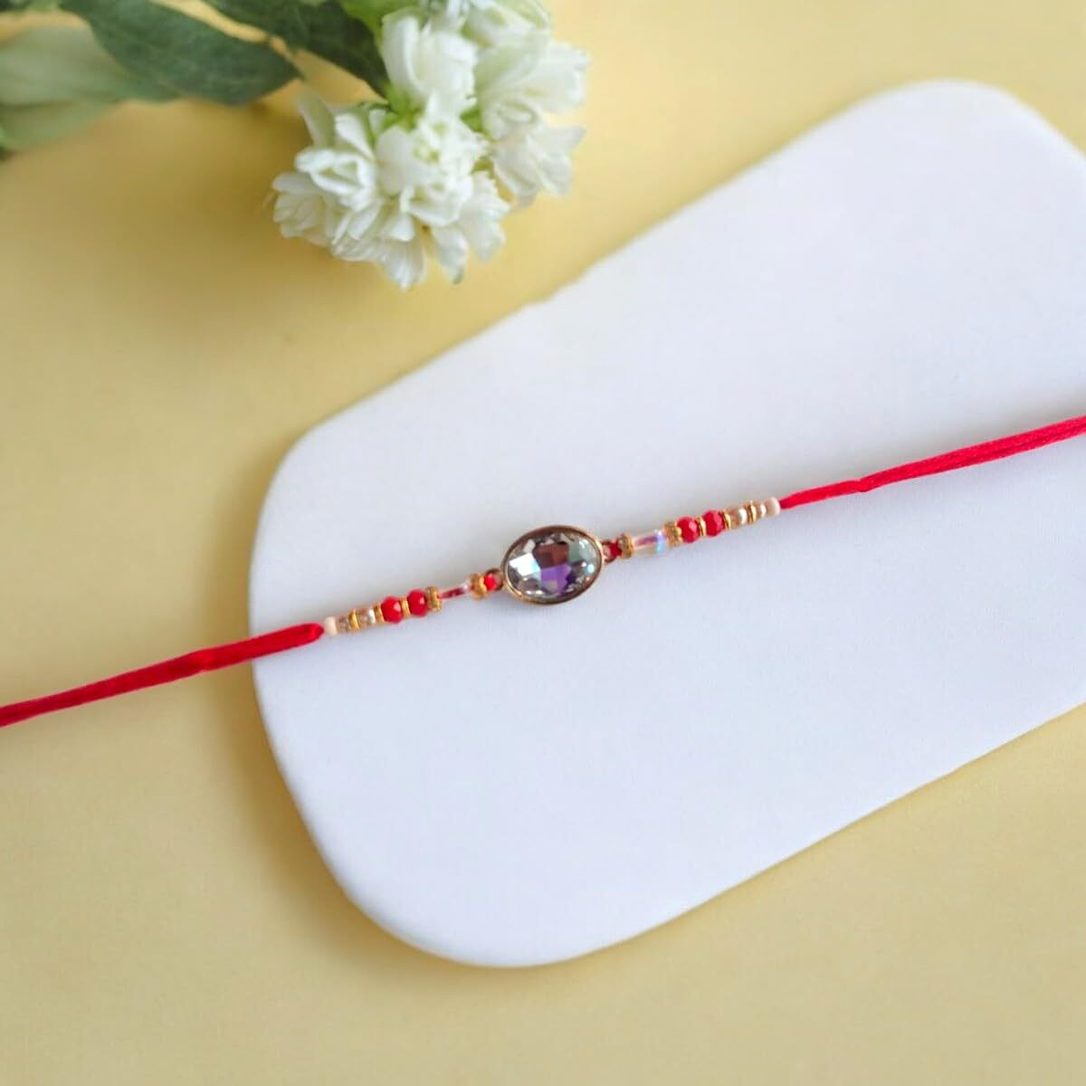 Accessher Mens Traditional Kundan Studded Delicate Rakhi For Beloved Brother & Gifting With Roli Kumkum Packets & Happy Rakshabandhan Card