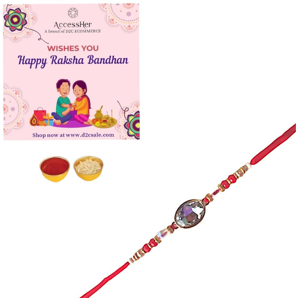 Accessher Mens Traditional Kundan Studded Delicate Rakhi For Beloved Brother & Gifting With Roli Kumkum Packets & Happy Rakshabandhan Card