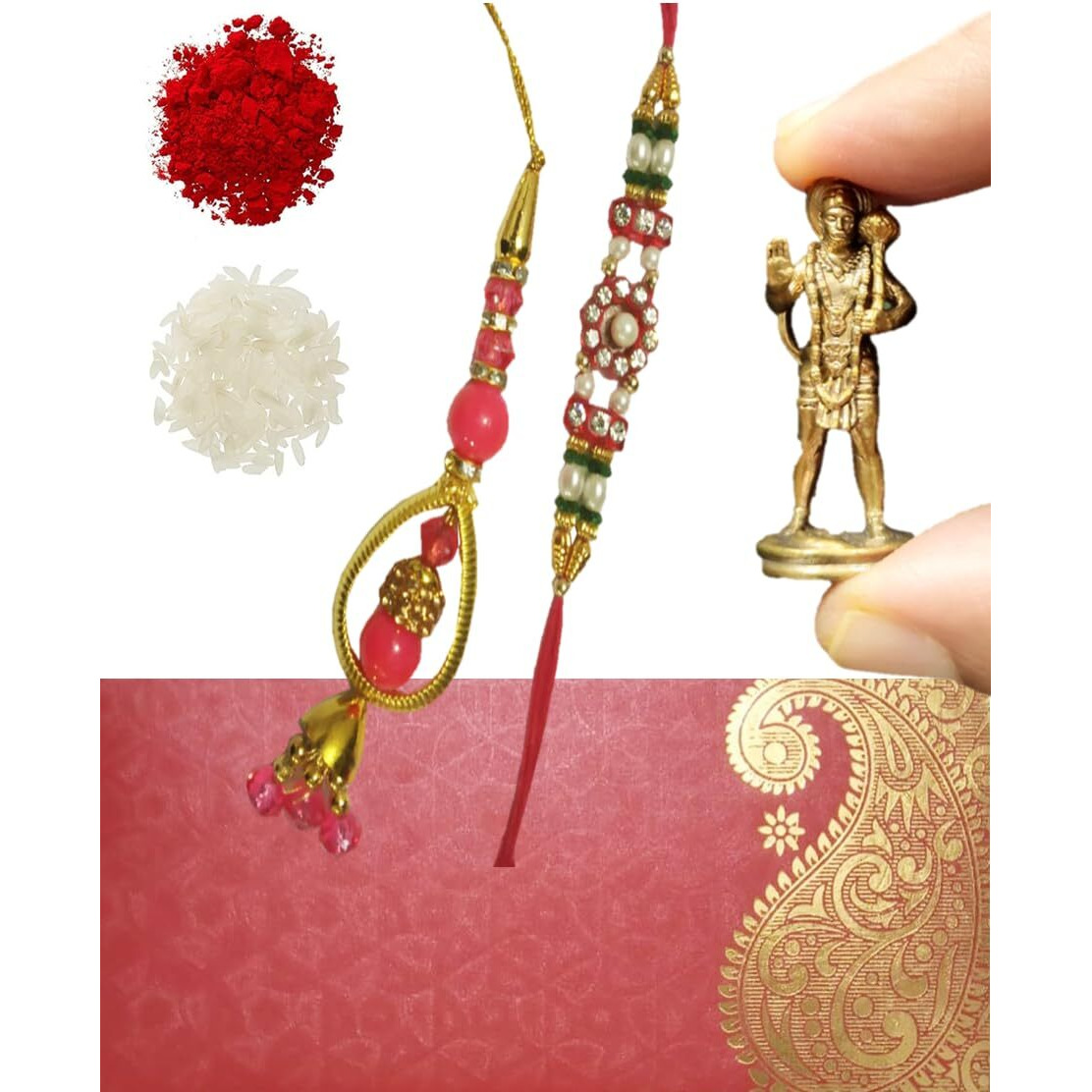 Purpledip Bhai Dooj Rakhi Set Bhai Rakhi Bracelet. Bhabhi Rakhi (Lumba Or Latkan), Roli Chawal Tika, Miniature Statue Hanuman (Rakhi98C)