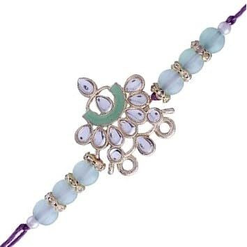 I Jewels Mens Gold Plated Ethnic Enamel Pearl Beads Rakhi With Roli Chawal & Rakshabandhan Card For Brother/Bro/Bhai (R066Min)