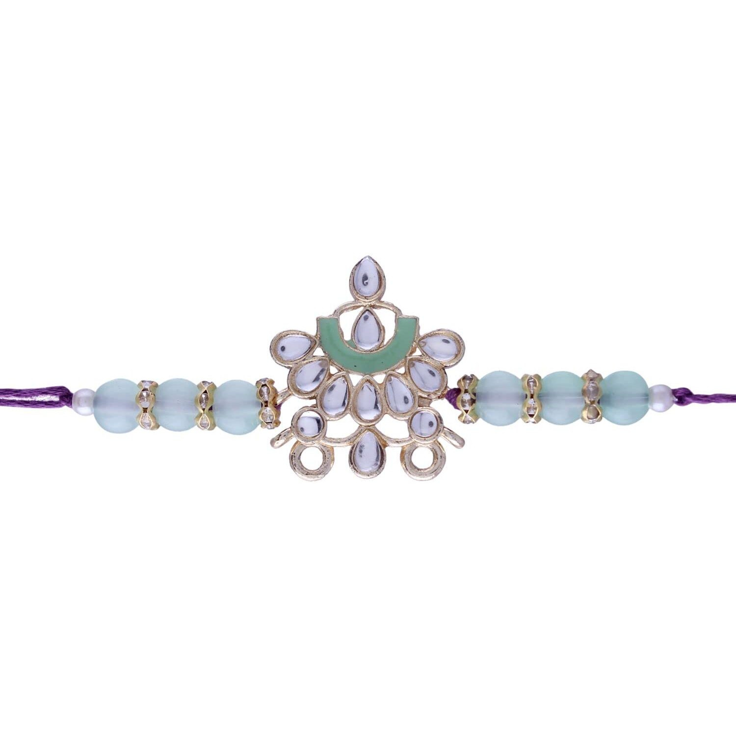 I Jewels Mens Gold Plated Ethnic Enamel Pearl Beads Rakhi With Roli Chawal & Rakshabandhan Card For Brother/Bro/Bhai (R066Min)