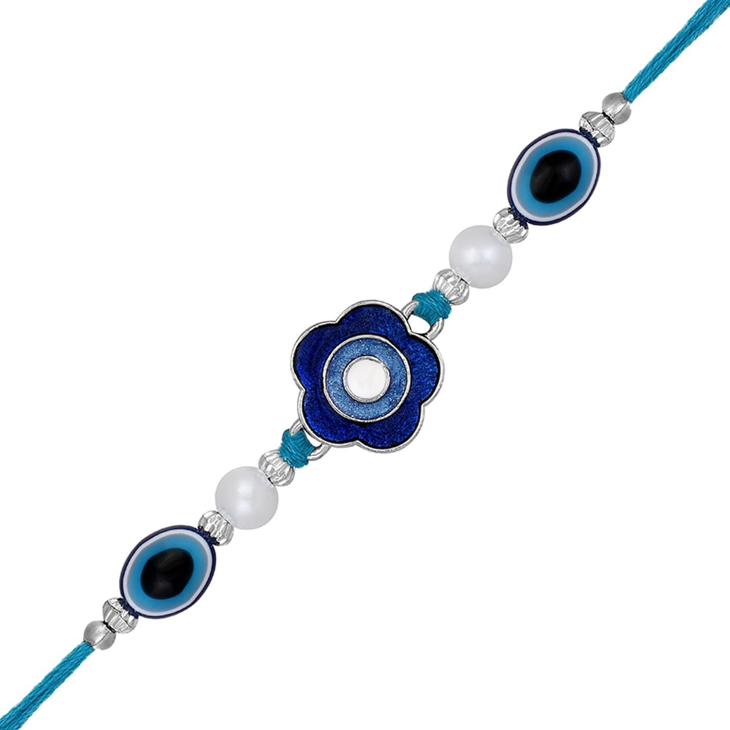 Mahi Rhodium Plated Blue Meenakari Work Floral Evil Eye Rakhi For Brother (Ra1100729R)