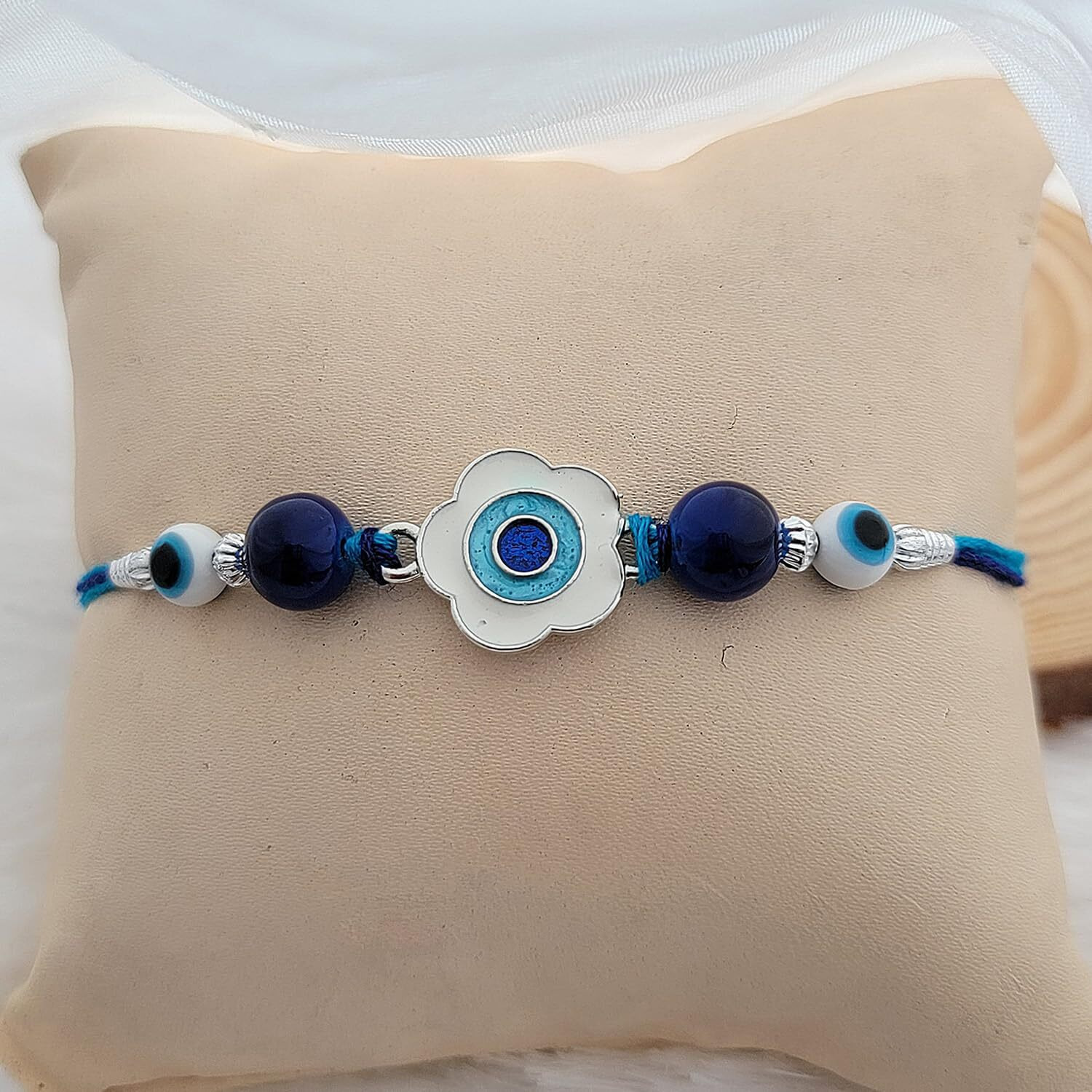Mahi Rhodium Plated Blue Meenakari Work Floral Evil Eye Rakhi For Brother (Ra1100729R)