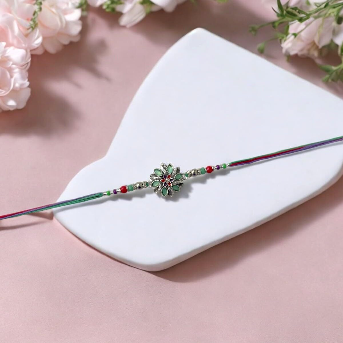 Accessher Mens Traditional Mint Green Meenakari/Enamel Work Delicate Rakhi For Beloved Brother/Gifting With Roli Kumkum Packets & Happy Rakshabandhan Card