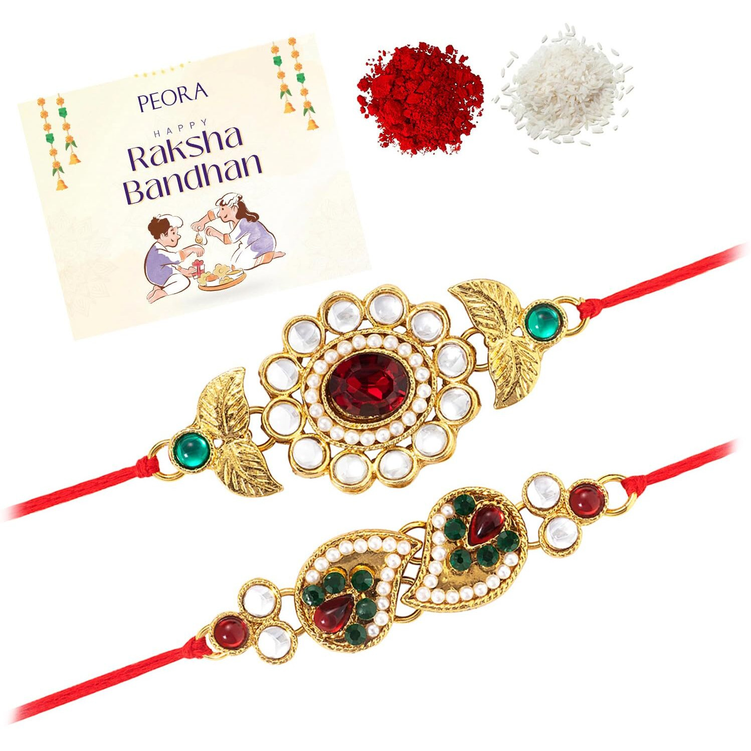 Peora Rakhshabandhan Thread Rakhi For Brother Bhaiya | Kundan Crystals & Beads Studded | Red Green White | Combo Set Of 2 | Rakhi Hamper Roli Chawal & Greeting Card
