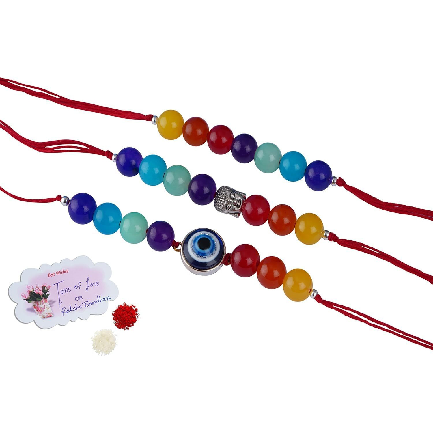 Jfl Mens - Jewellery For Less Combo Of 3 Fashion 7 Chakra With Evil Eye And Buddha Rakhi For Rakshabandhan Festival Bhaiya Rakhi Handcrafted With Roli Chawal Handwritten