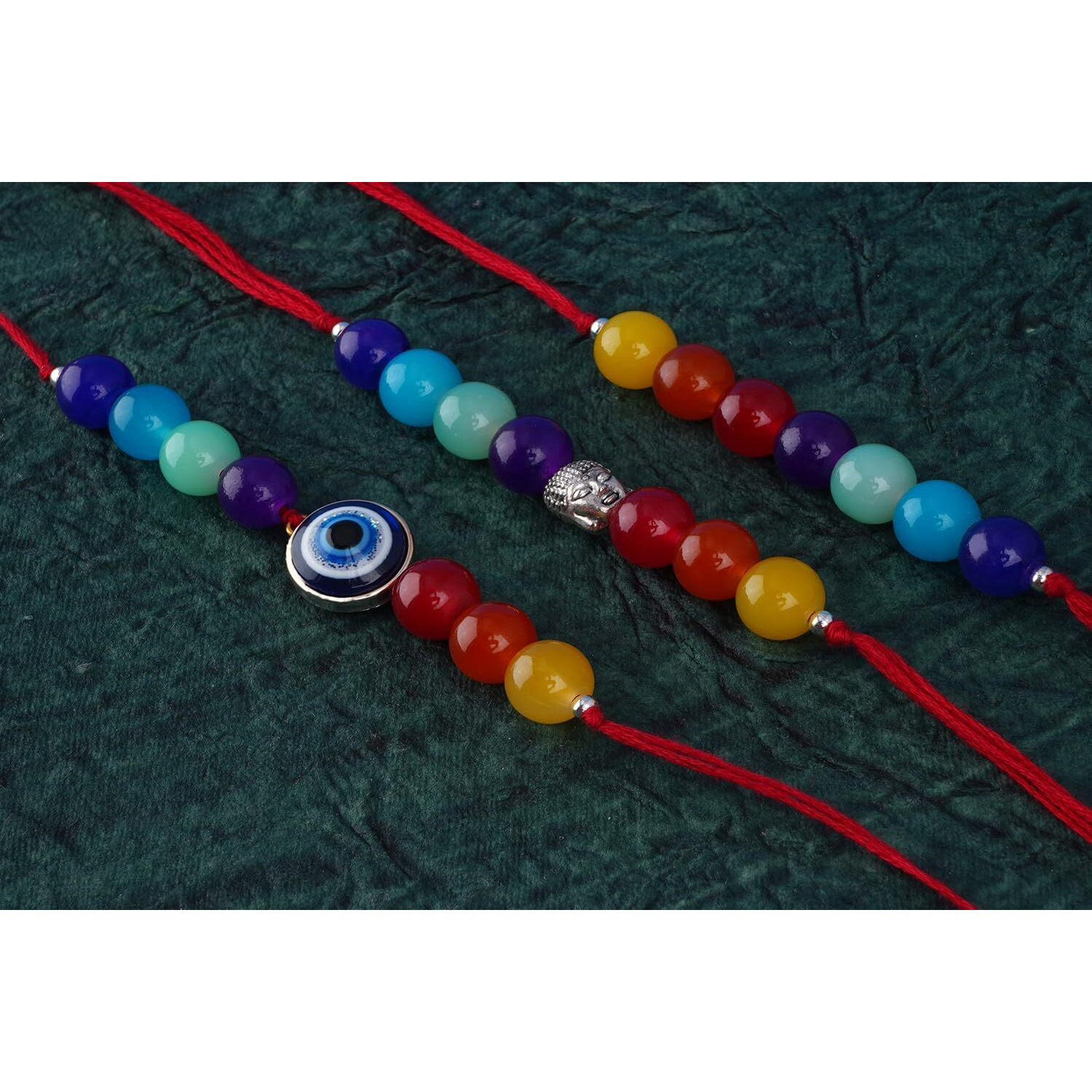 Jfl Mens - Jewellery For Less Combo Of 3 Fashion 7 Chakra With Evil Eye And Buddha Rakhi For Rakshabandhan Festival Bhaiya Rakhi Handcrafted With Roli Chawal Handwritten